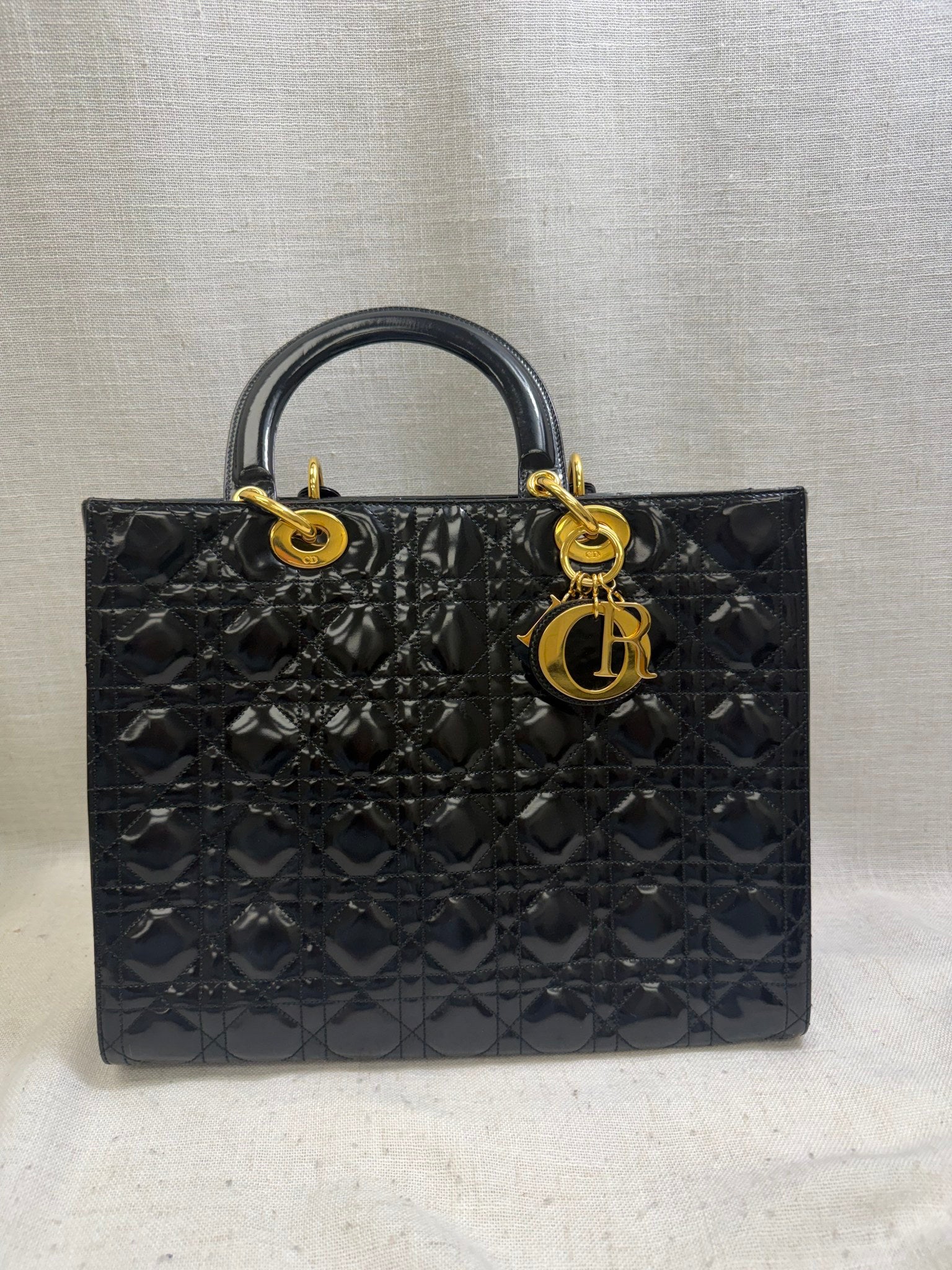 Christian Dior Black Patent Leather Large Lady Dior Handbag