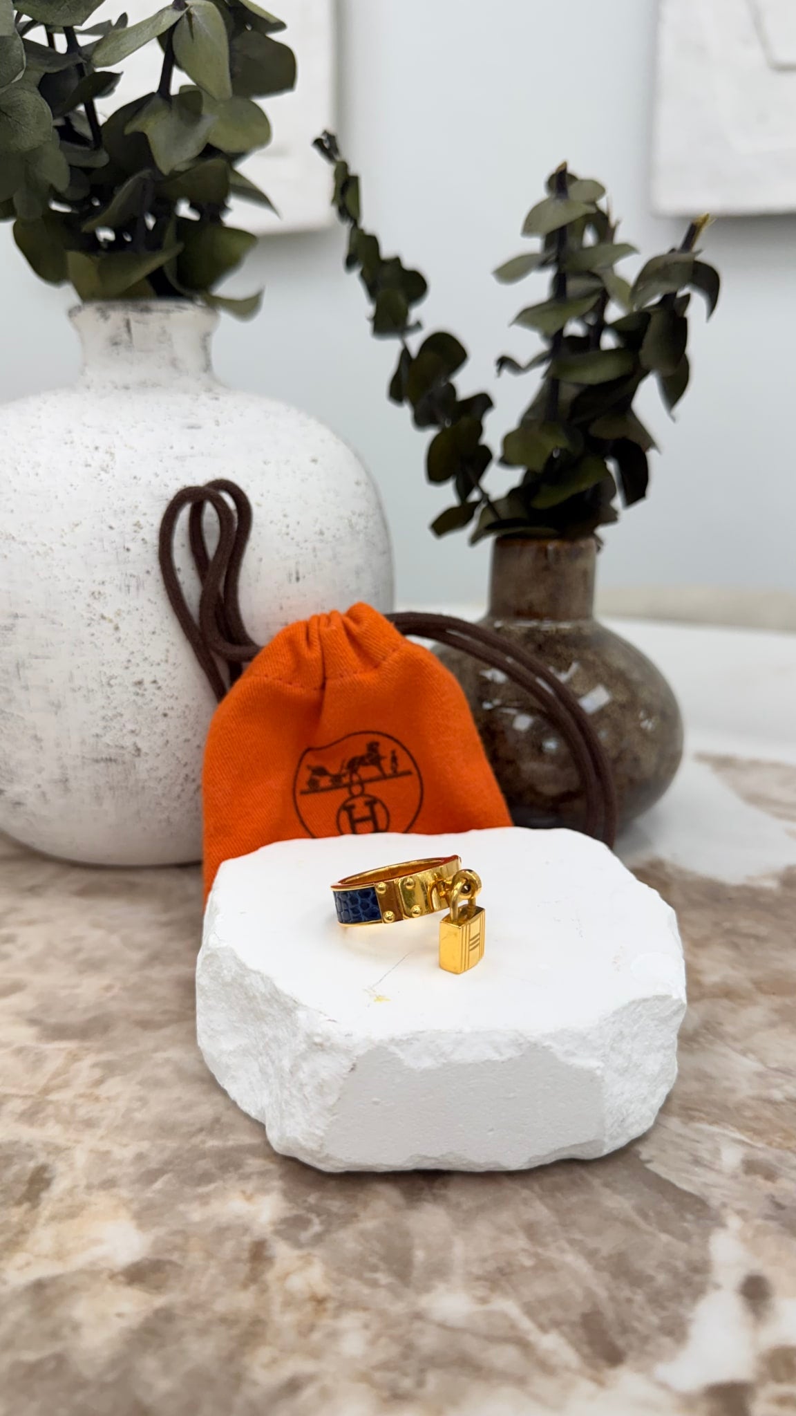 Hermes Gold Tone Blue Leather Kelly Lock Scarf Ring