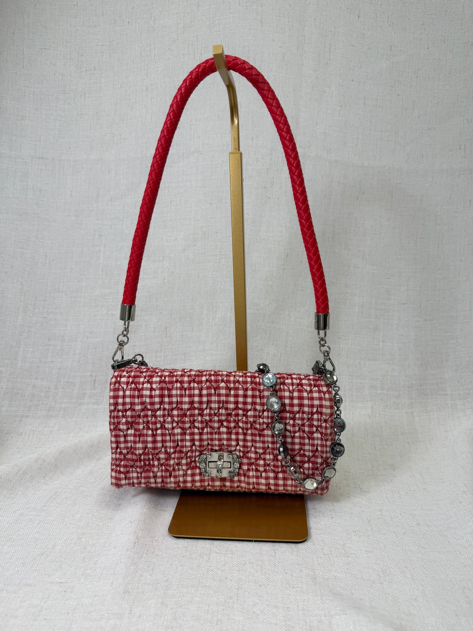 Miu Miu Red And White Plaid Vichy Crystal Shoulder Bag