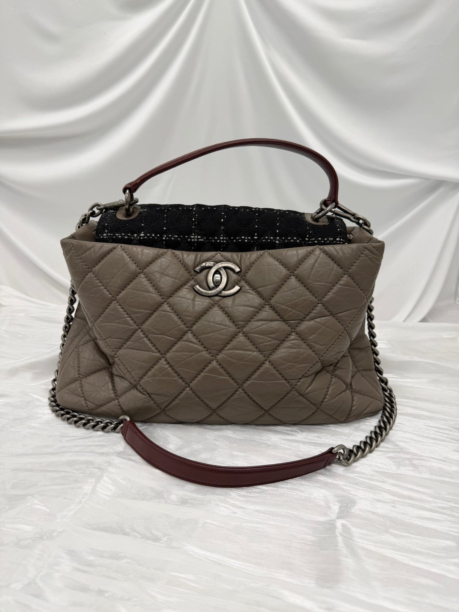 Chanel Dark Taupe Quilted Aged Calfskin & Tweed Large Portobello Top Handle Bag