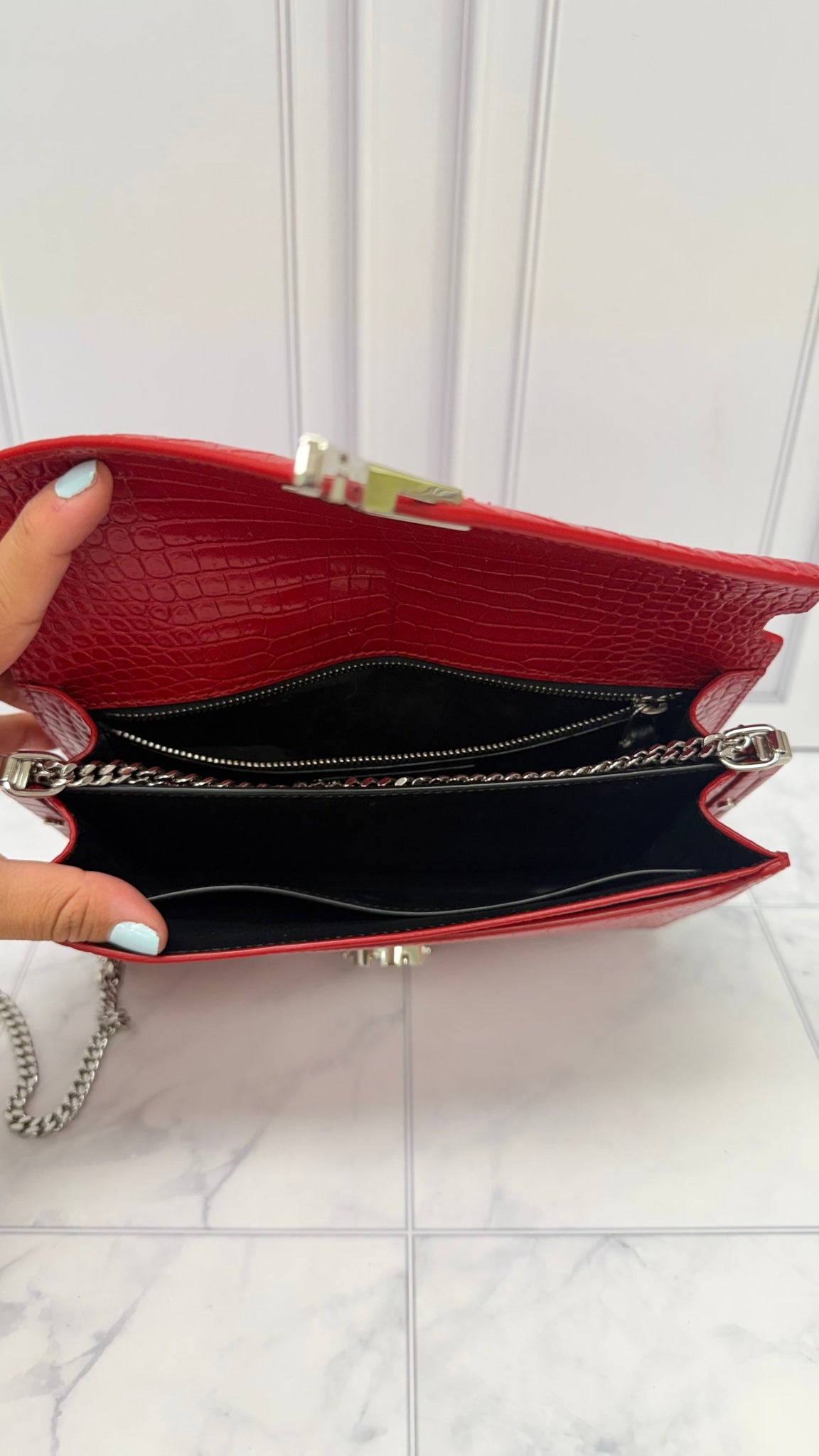 Saint Laurent YSL Red Croc Embossed Leather Cassandra Chain Bag