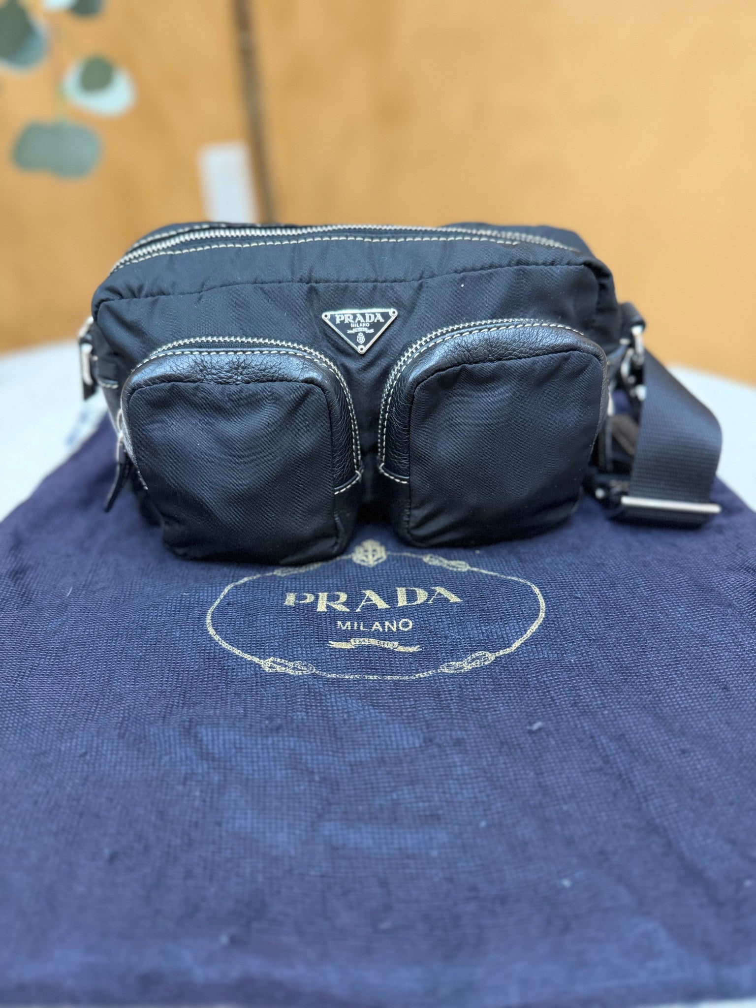 Prada Black Nylon Tessuto Double Pocket Shoulder Bag