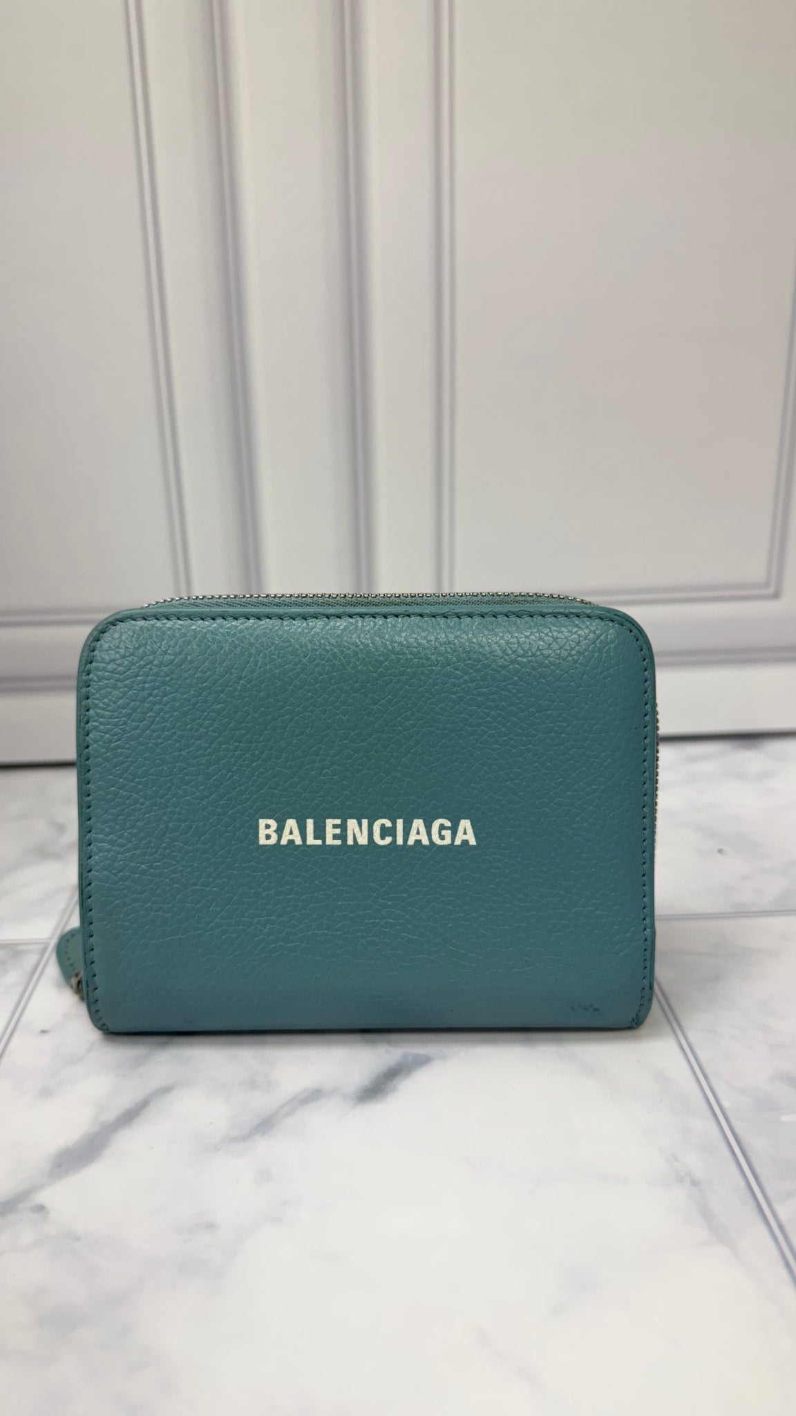 Balenciaga Light Blue Grained Leather Zippy Compact Wallet
