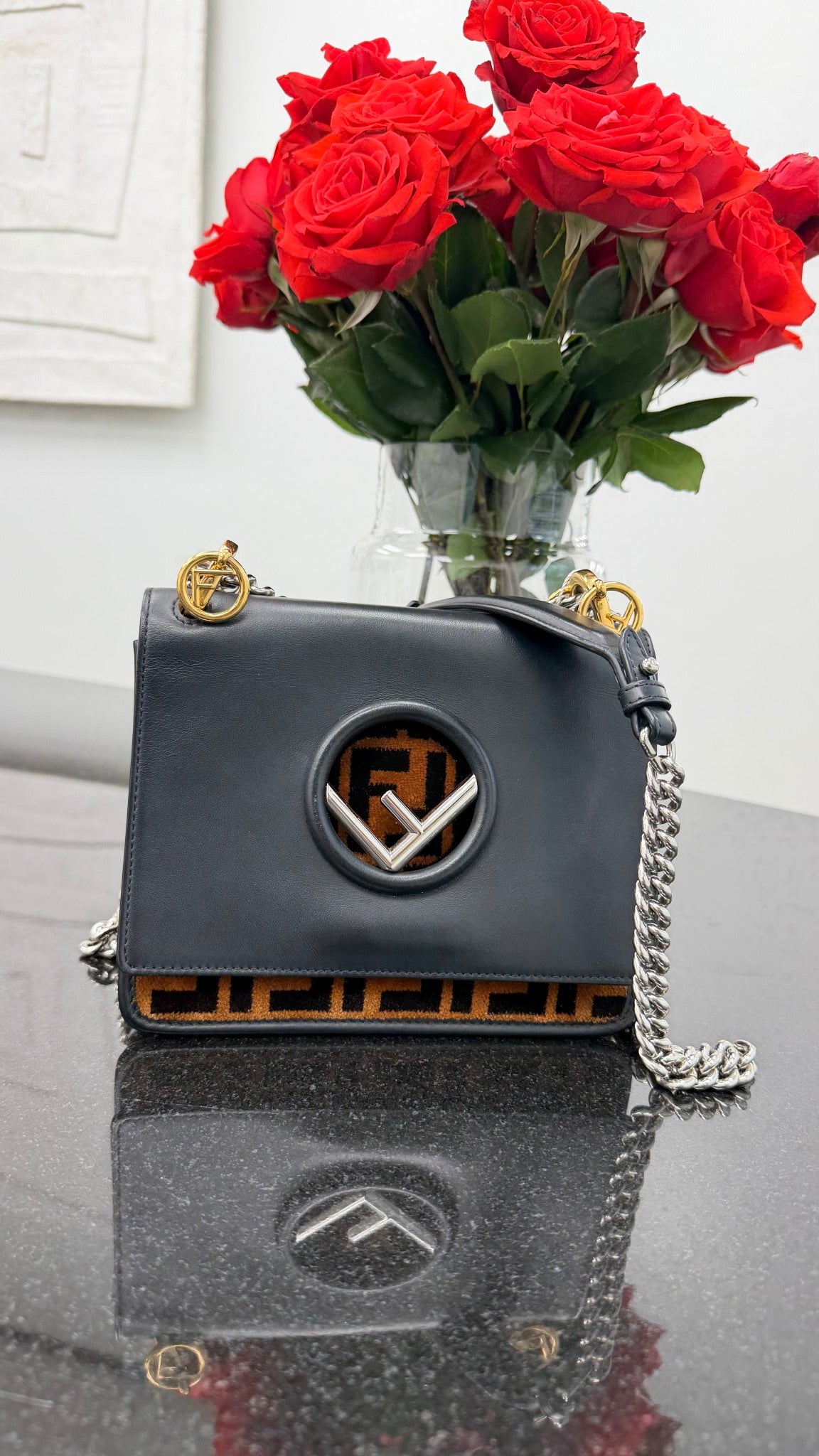 Fendi Black Leather Brown Zucca Velvet Kan I F Shoulder Bag