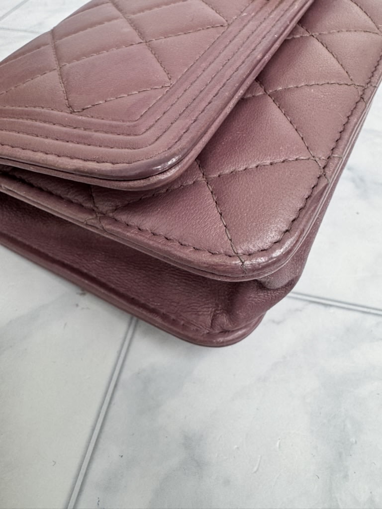 Chanel Dusty Rose Diamond Quilted Leather Boy Wallet On A Chain