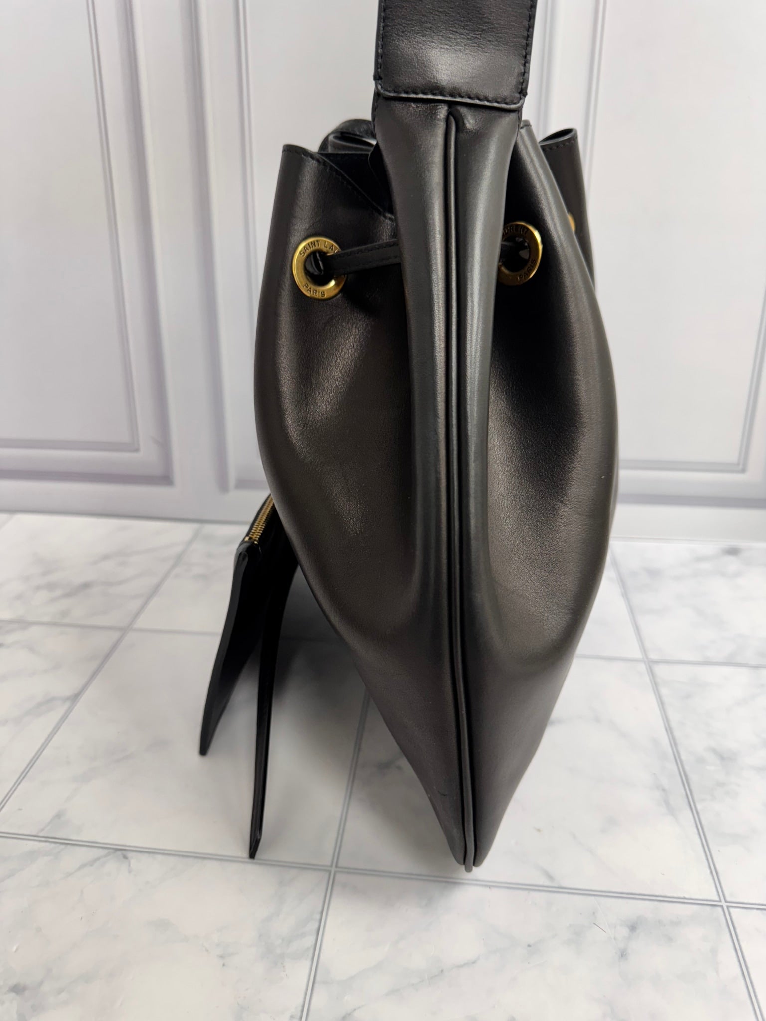 Saint Laurent Black Leather Paris VII Hobo Bag