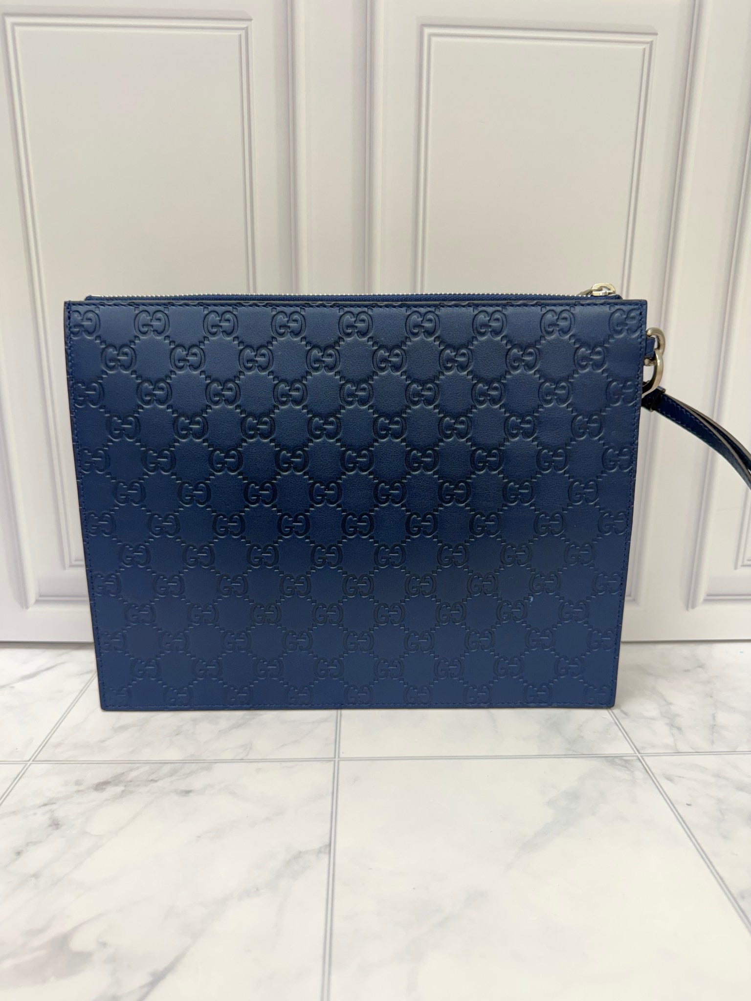 Gucci x MLB NY Yankees Blue Guccissima Leather Zippy Pouch