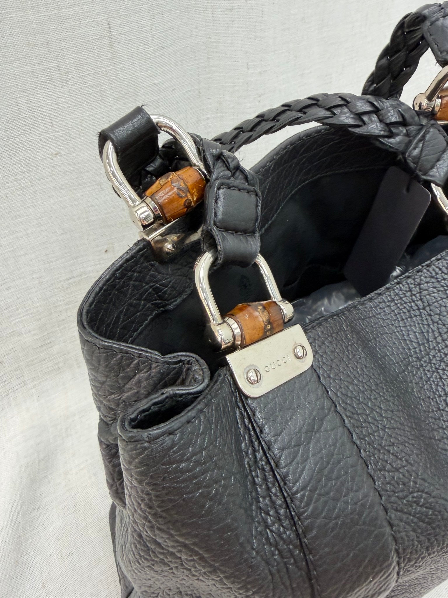 Gucci Black Leather Braided Bamboo Shoulder bag