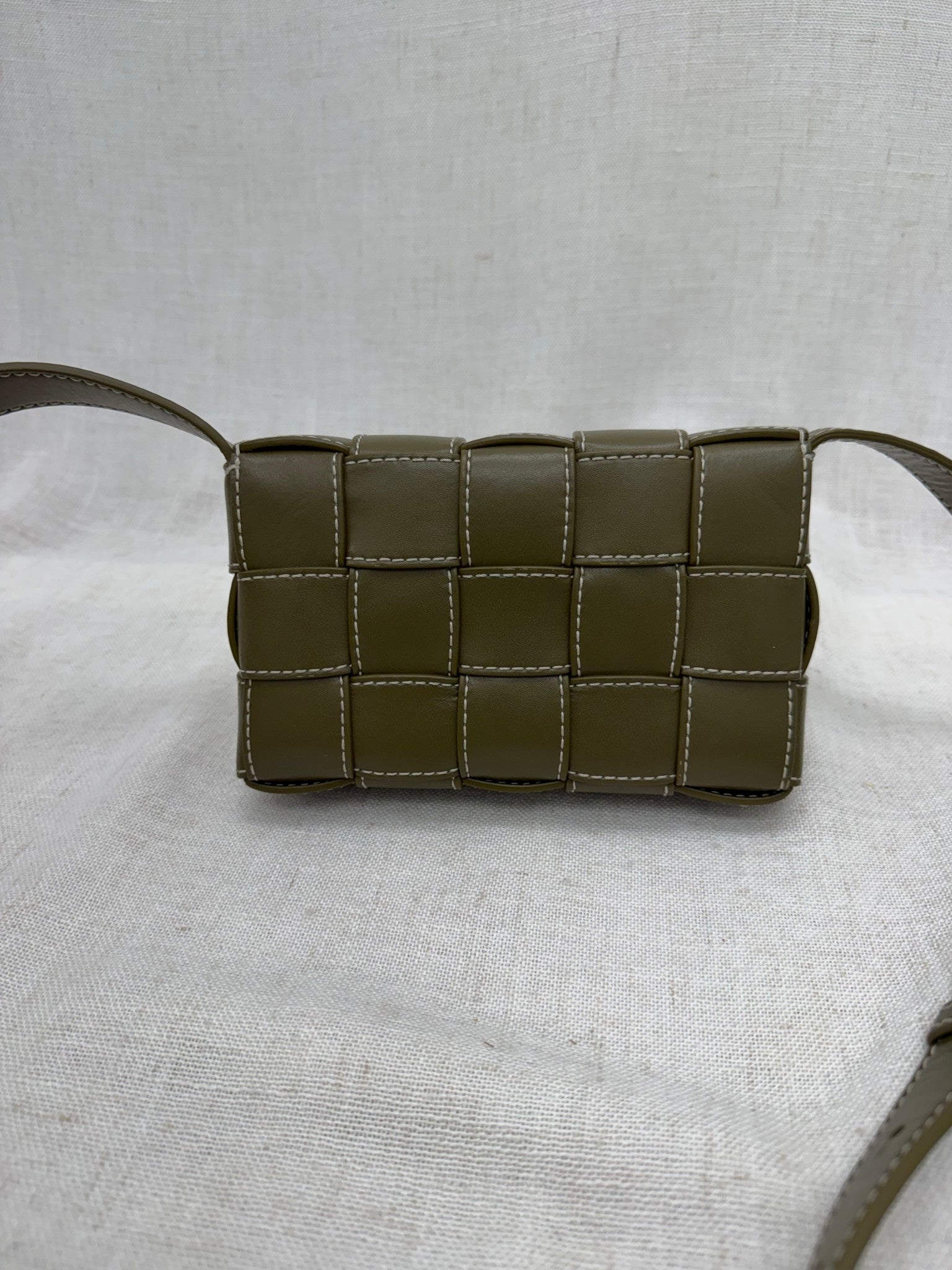 BRAND NEW- Bottega Veneta Olive Green Intracciato Leather Small Stitched Cassette Crossbody