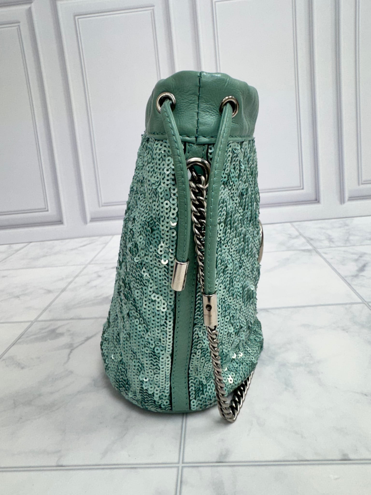 Gucci Teal Sequins GG Marmont Mini Bucket Bag
