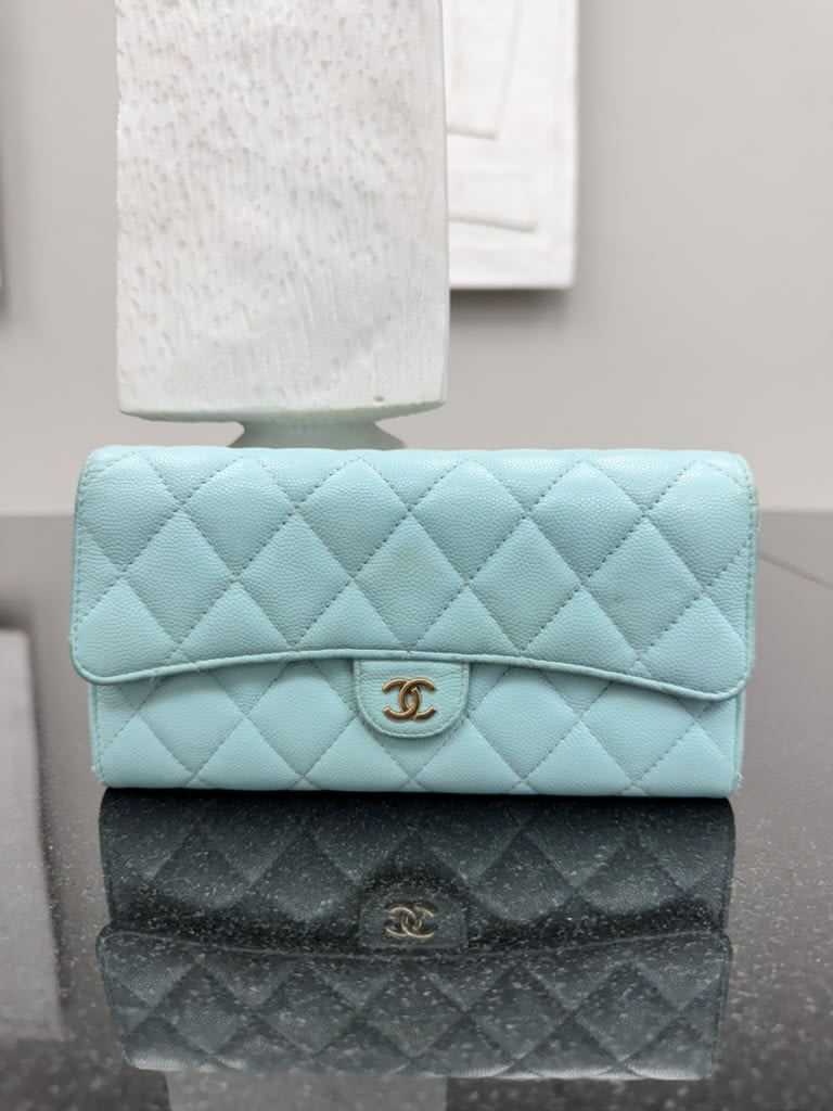 Chanel Light Blue Diamond Quilted Caviar Leather Classic Flap Long Wallet