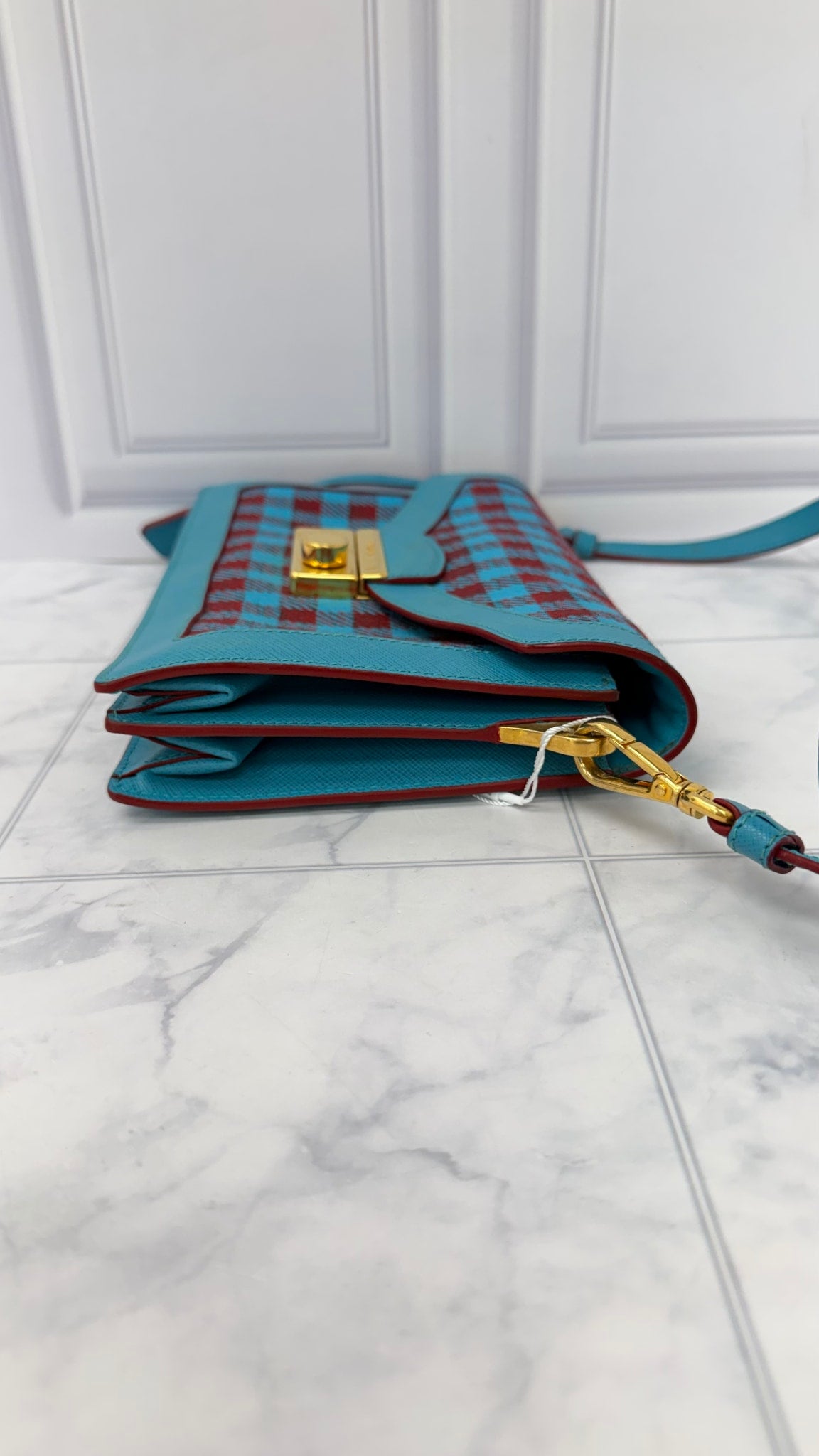 Prada Blue And Burgundy Canvas Leather Checkered Crossbody Bag