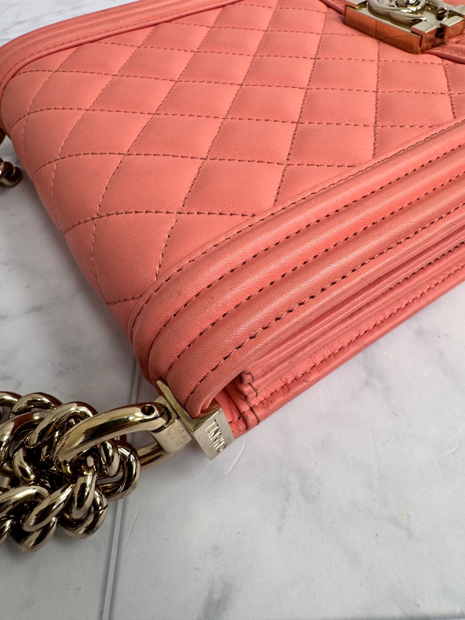 Chanel Coral Quilted Leather North South Boy Flap Bag