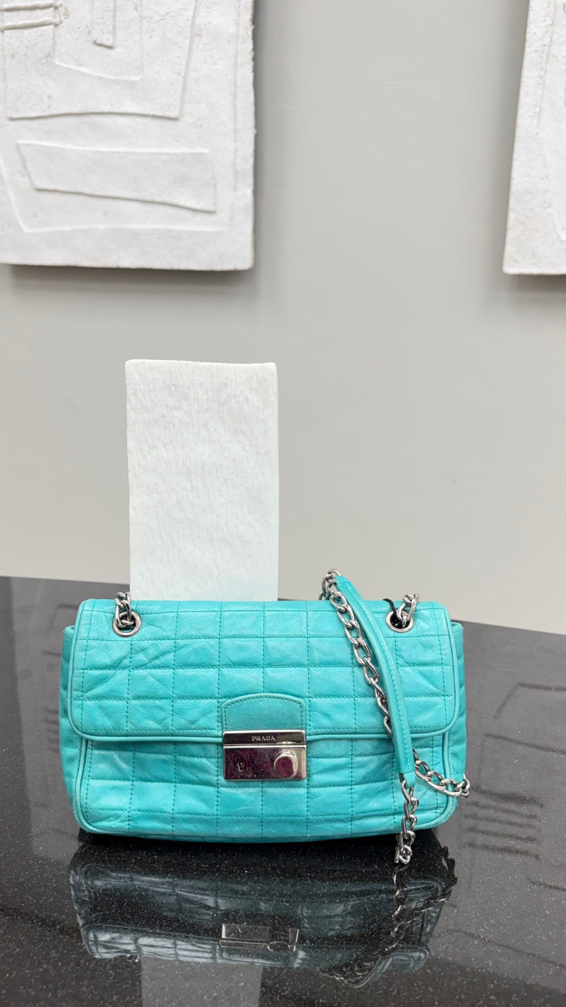 Prada Blue Teal Nappa Leather Chain Flap Shoulder Bag