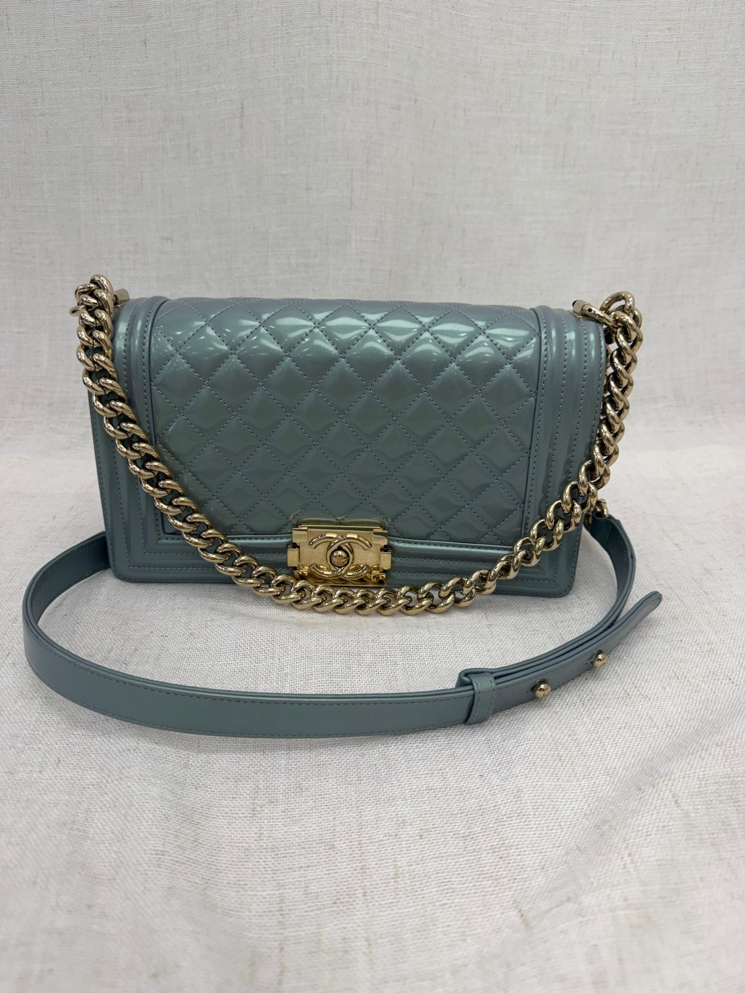 Chanel Blue Iridescent Quilted Patent Leather Medium Boy Bag