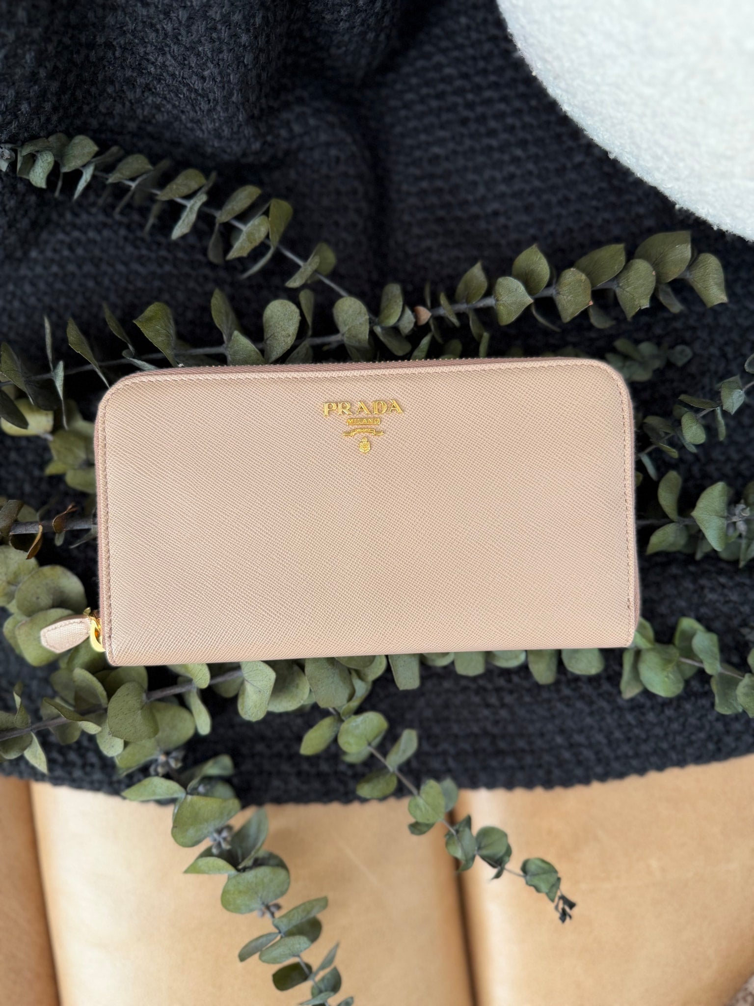 Prada Nude Saffiano Leather Zippy Wallet