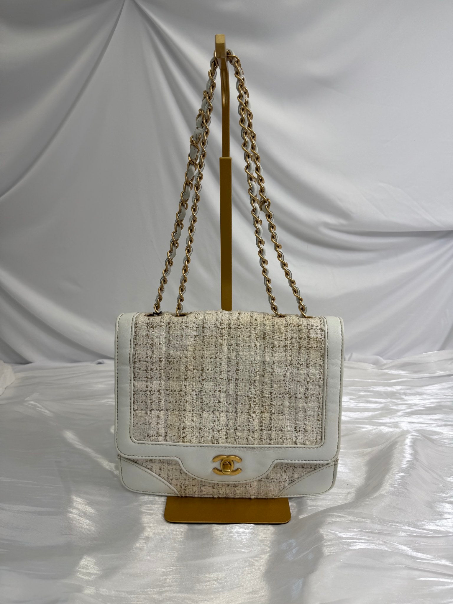 Chanel Ivory Tweed x White Leather Square Flap Bag