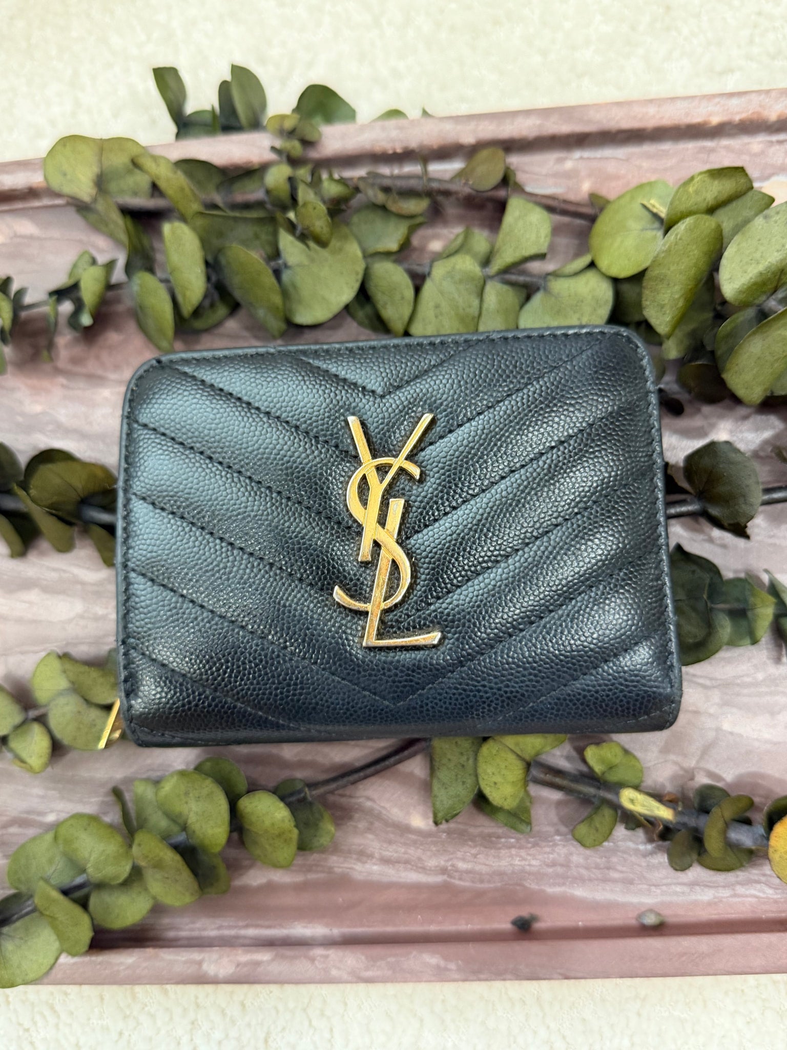 Saint Laurent YSL Black Pebbled Leather Compact Zip Around Wallet