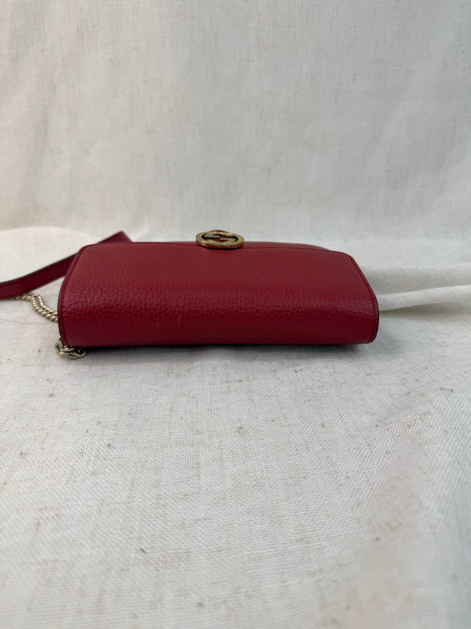 Gucci Red Leather Interlocking G Wallet On Chain Bag