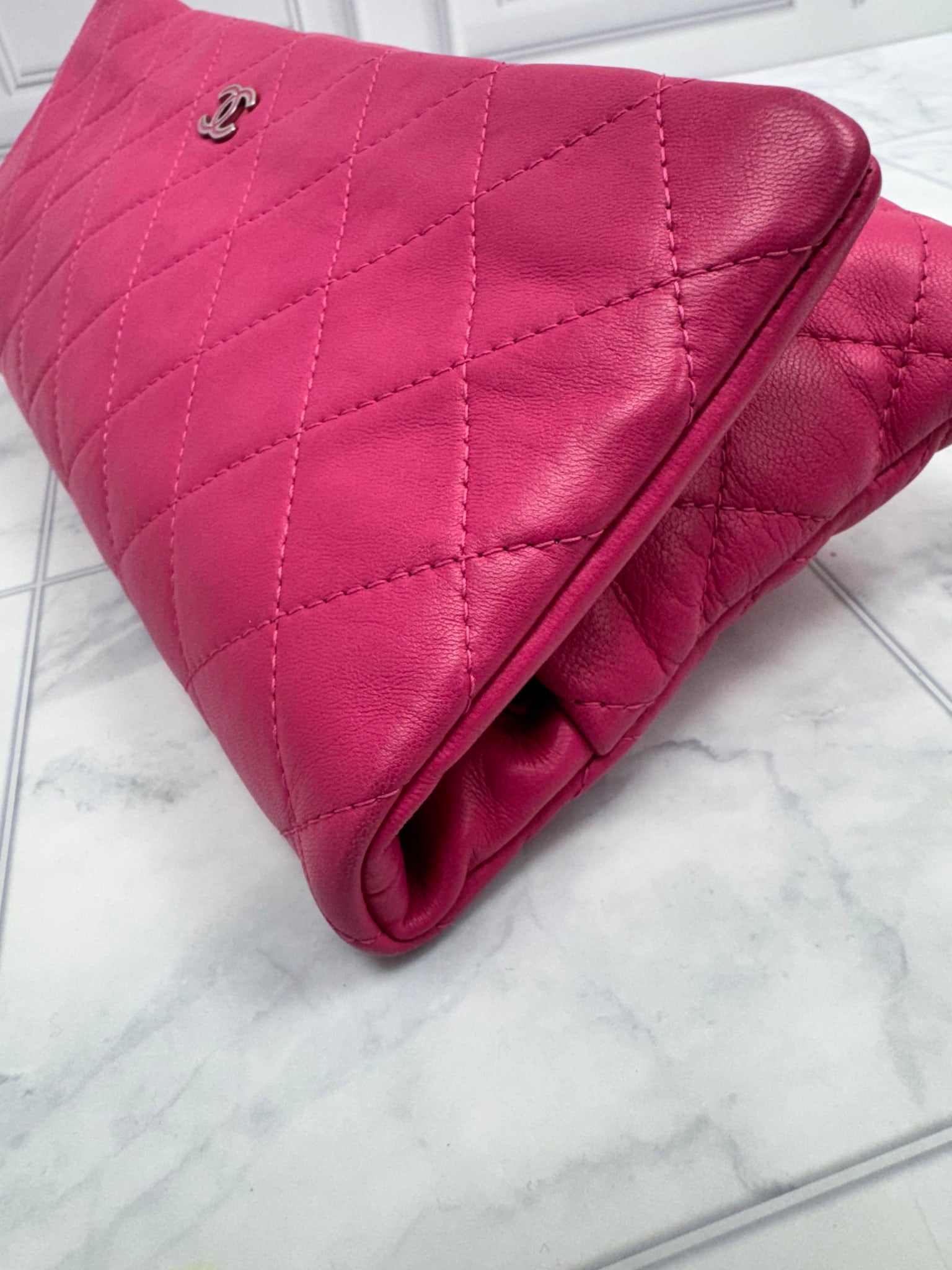 Chanel Pink Quilted Lambskin CC Beauty Fold Over Clutch