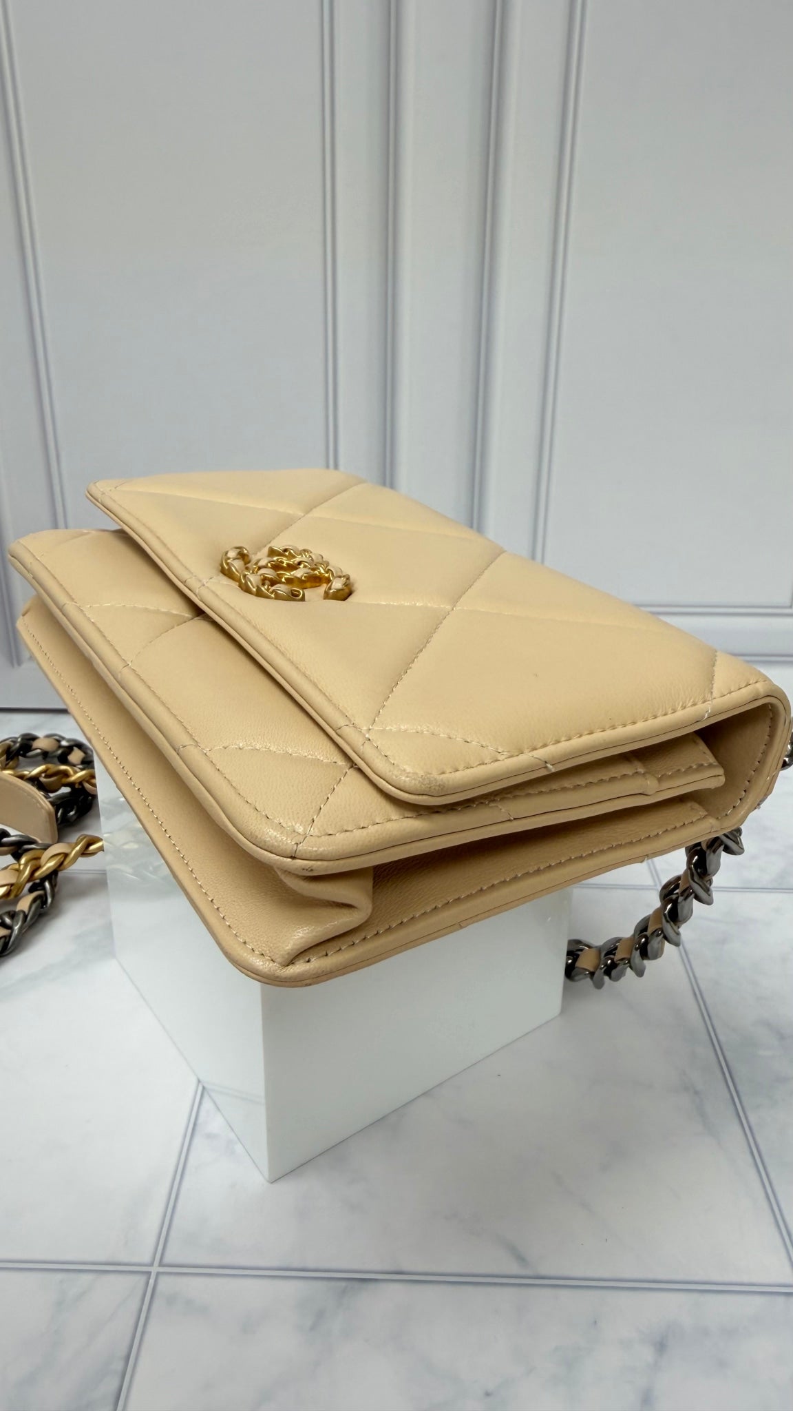 Chanel Beige Quilted Lambskin Leather Chanel 19 Wallet On A Chain