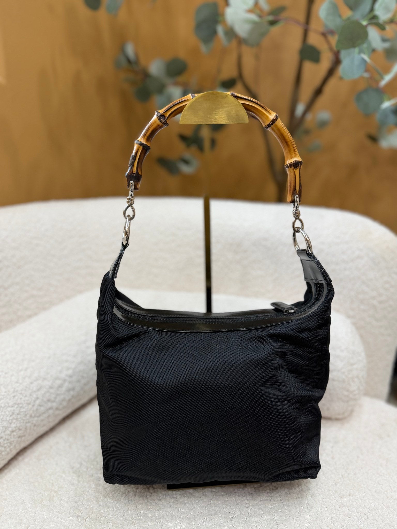 Gucci Black Canvas Bamboo Handle Bag