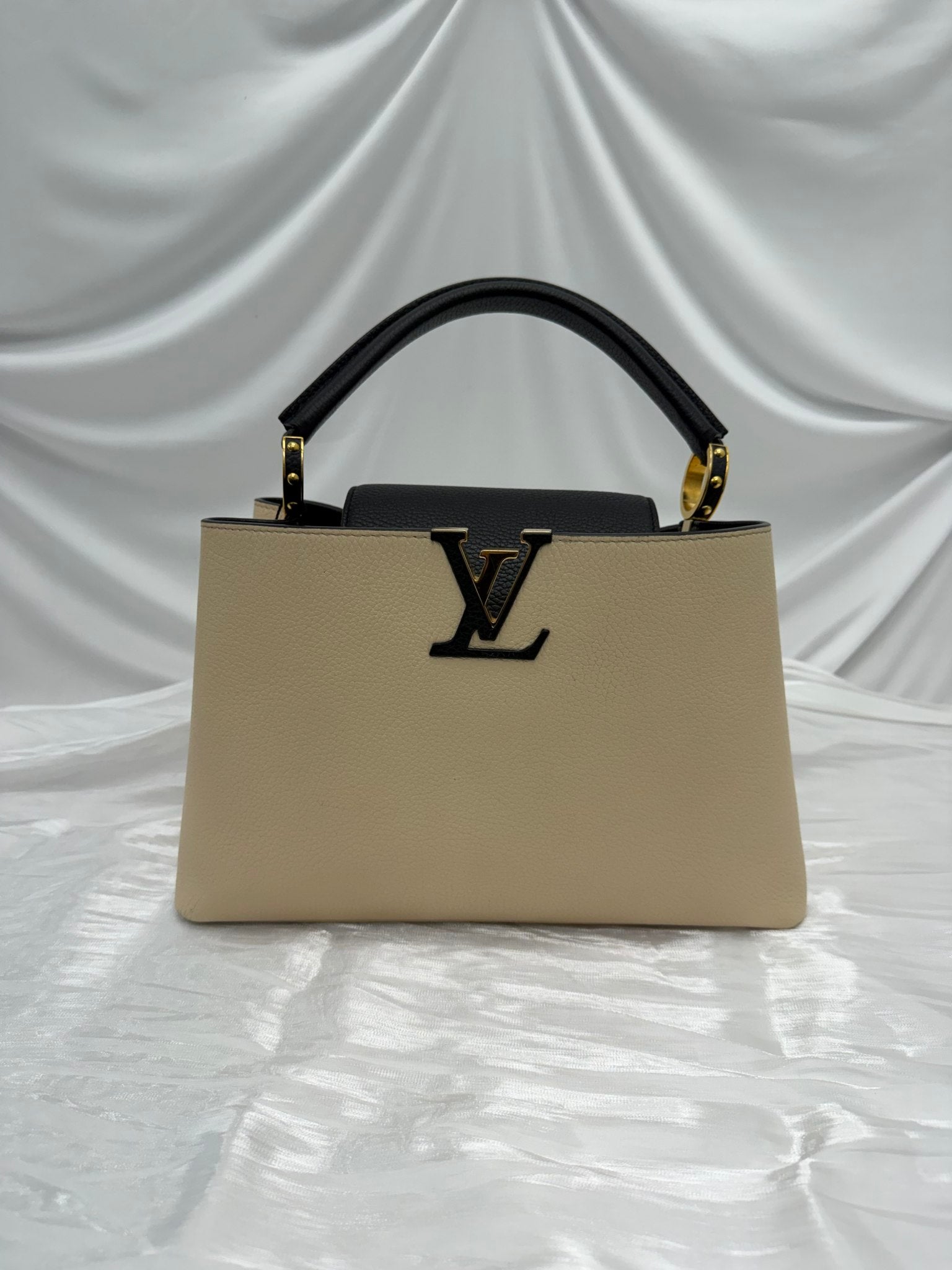 Louis Vuitton Beige & Black Taurillon Leather Capucines PM Bag