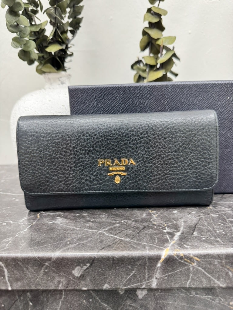Prada Black Grained Leather Long Wallet