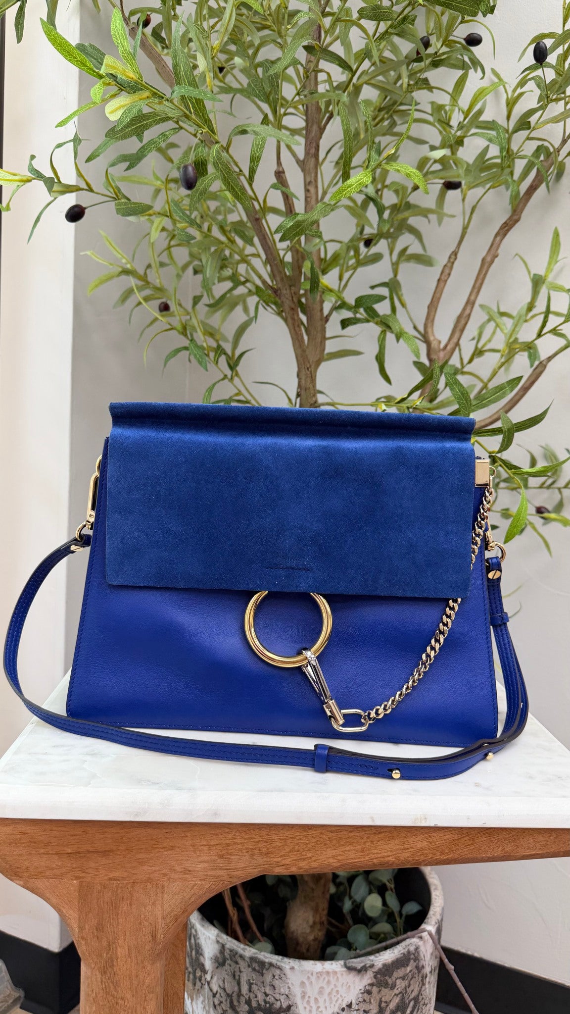 Chloe Royal Blue Leather & Suede Medium Faye Shoulder Bag