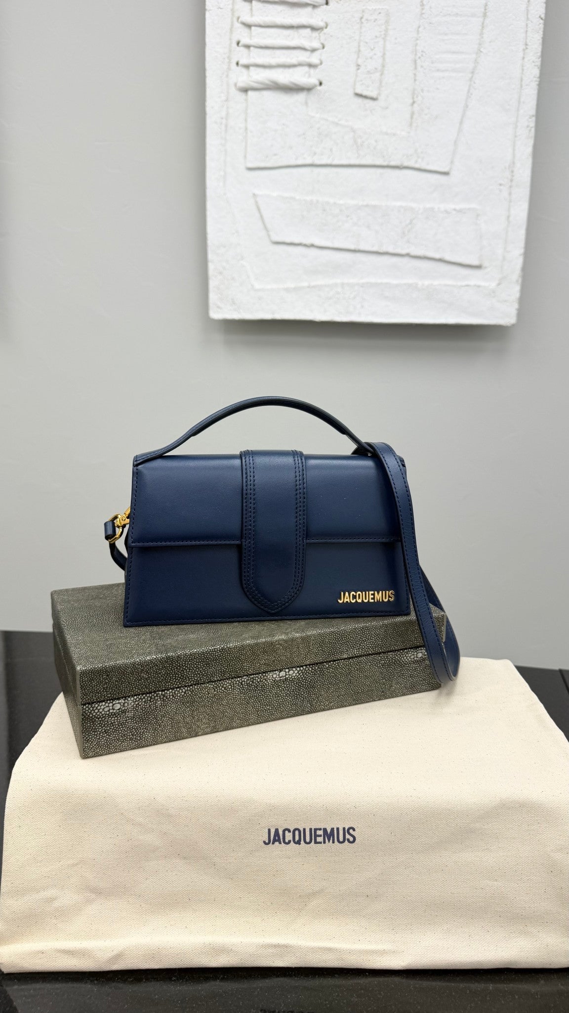 BRAND NEW - Jacquemus Navy Blue Leather Le Grand Bambino Handbag 2Way Handbag