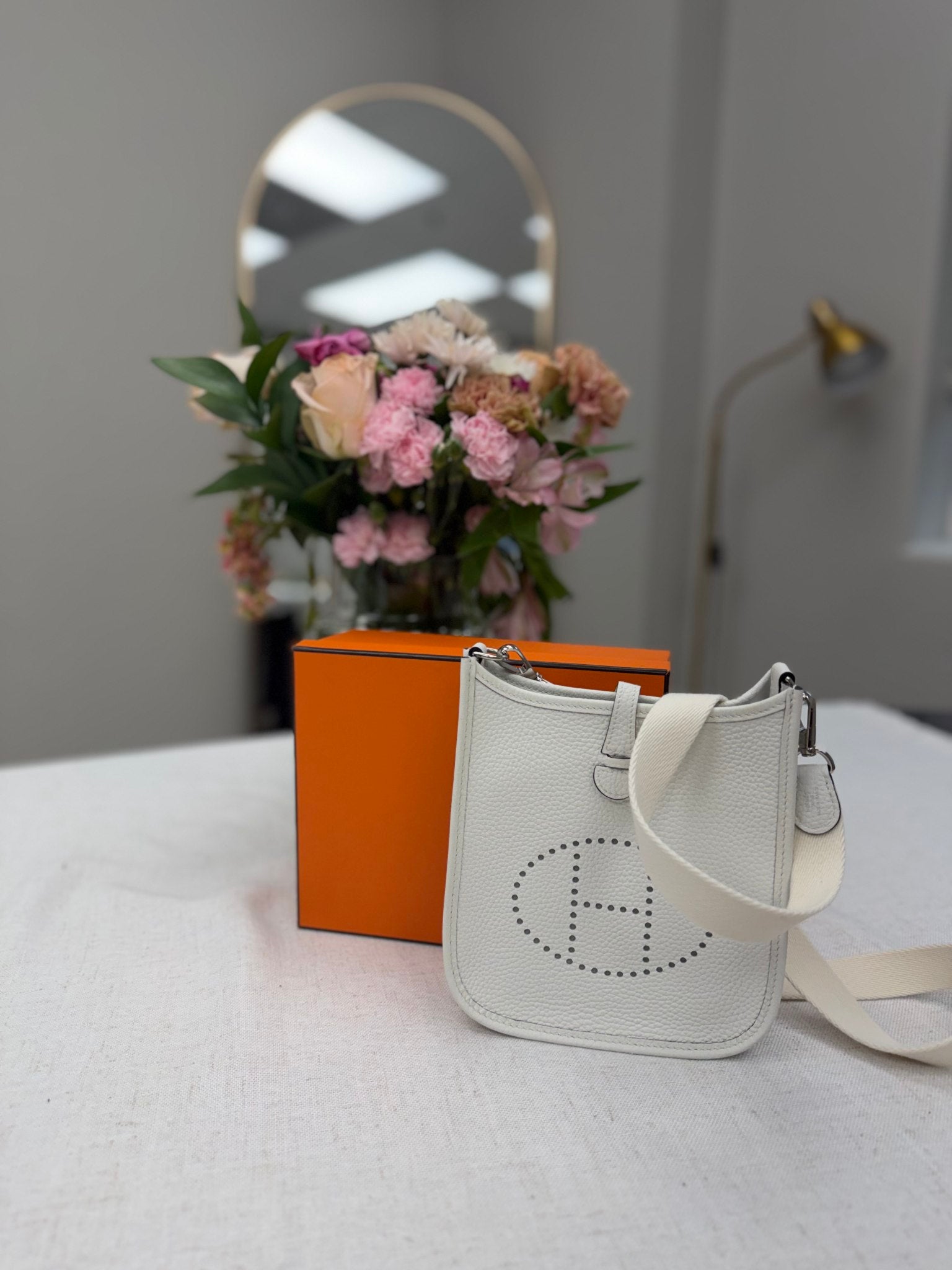 Hermes New White Clemence Leather Evelyne 16 TPM Crossbody Bag