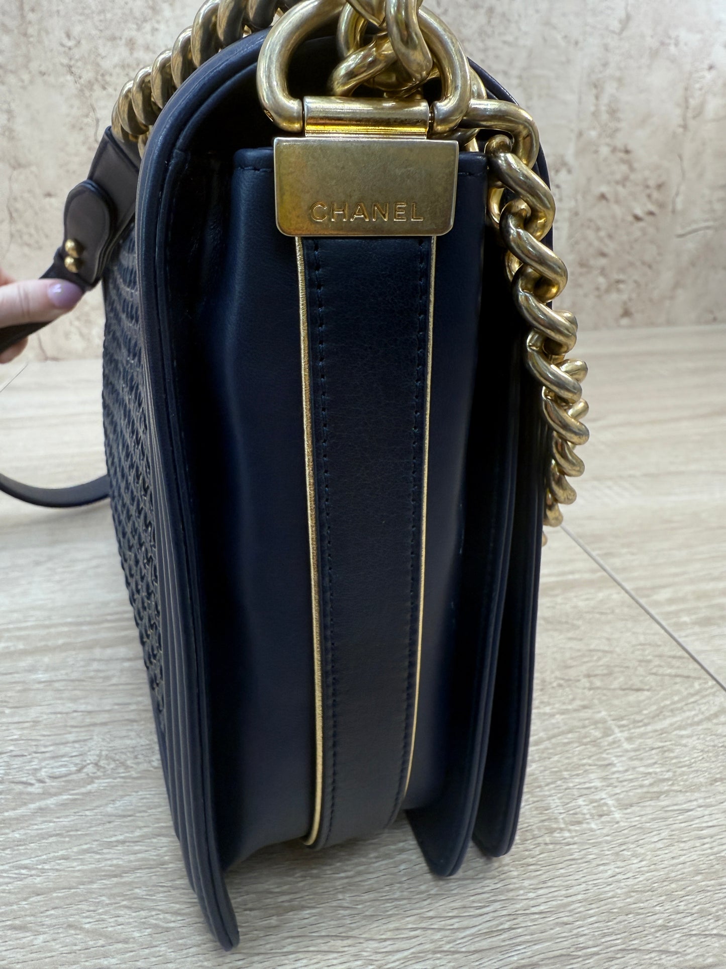 Chanel Navy Lambskin Braided Woven Boy Flap