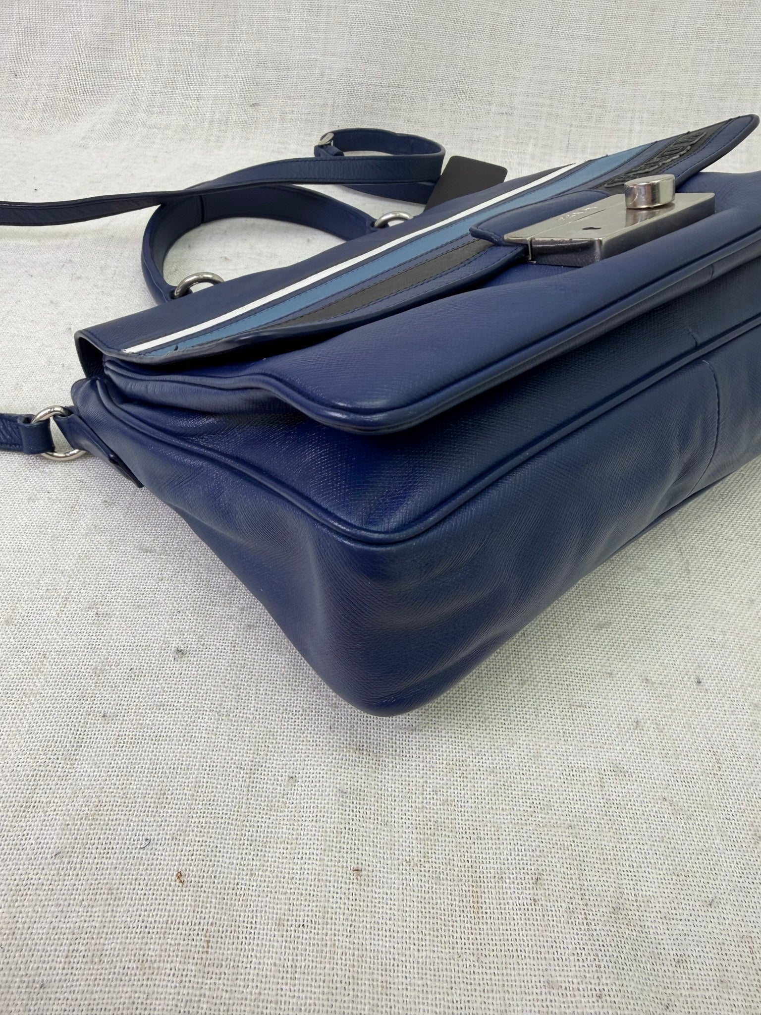 Prada Blue Saffiano Leather Righe Sound Lock Satchel Tote