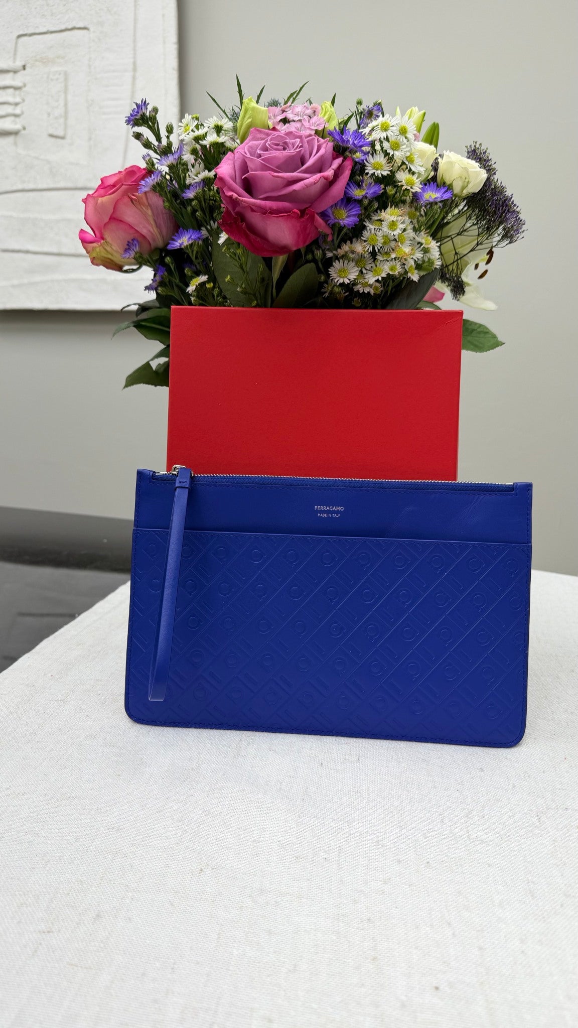Salvatore Ferragamo Blue Embossed Leather Wristlet
