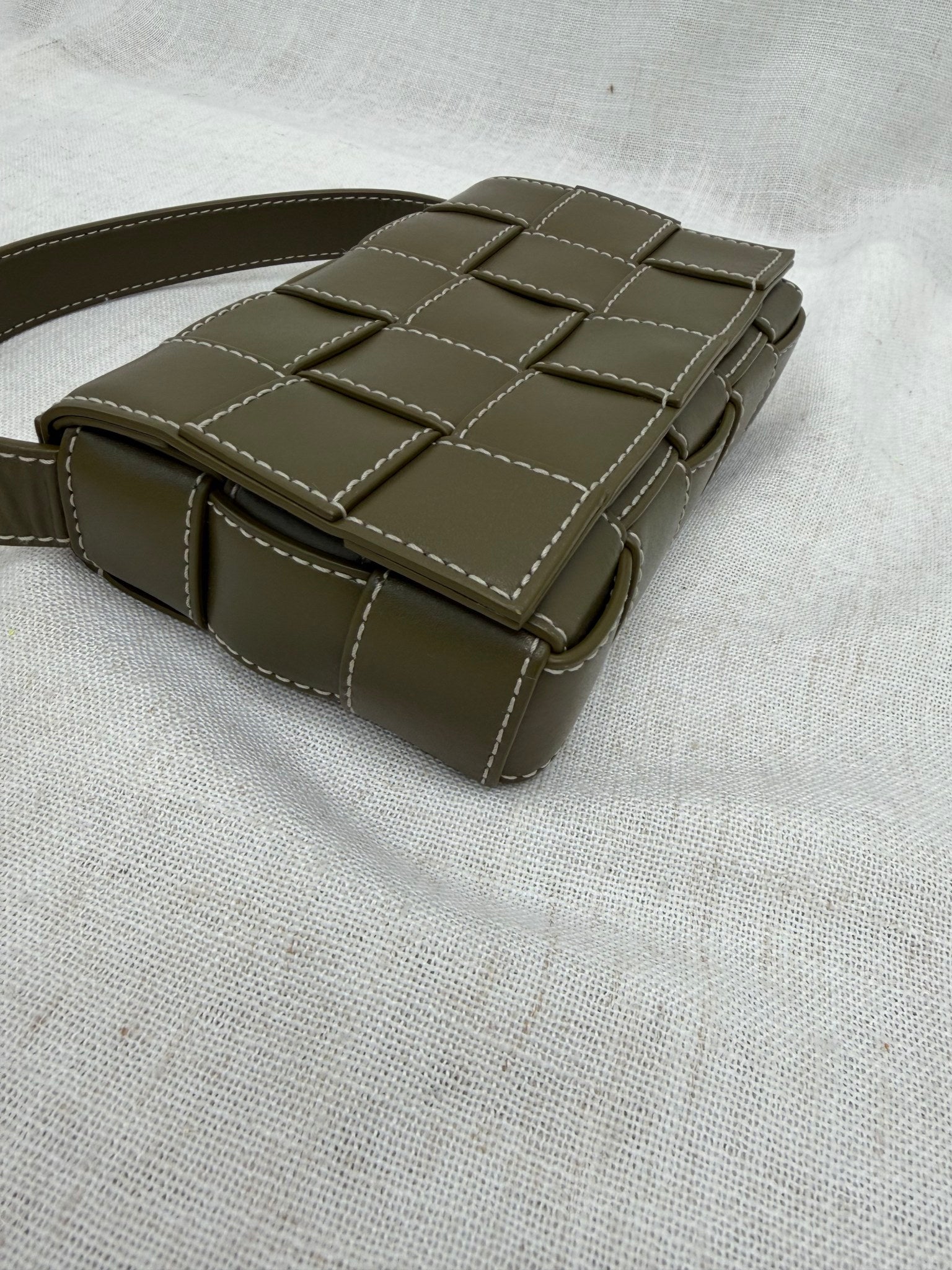 BRAND NEW- Bottega Veneta Olive Green Intracciato Leather Small Stitched Cassette Crossbody
