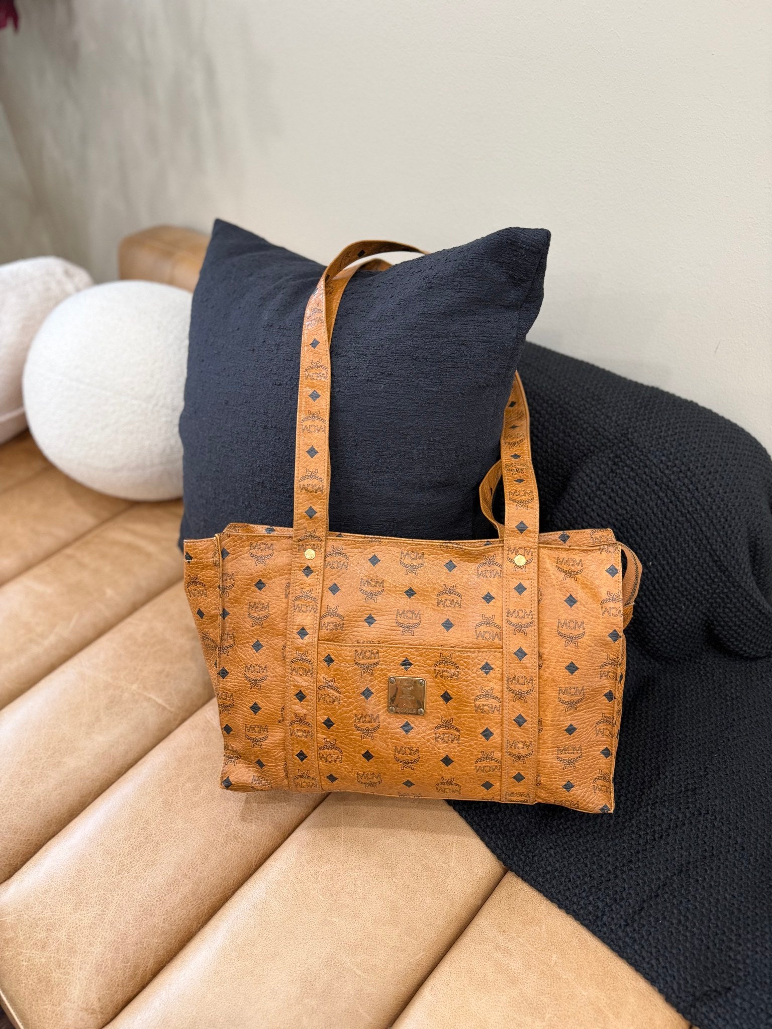 MCM Cognac Visetos Coated Canvas Shoulder Tote