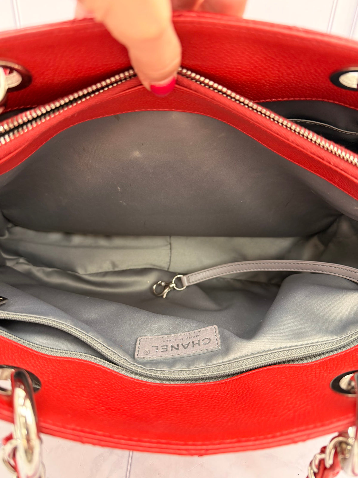 Chanel Red Chevron Quilted Caviar Leather GST Shopping Tote