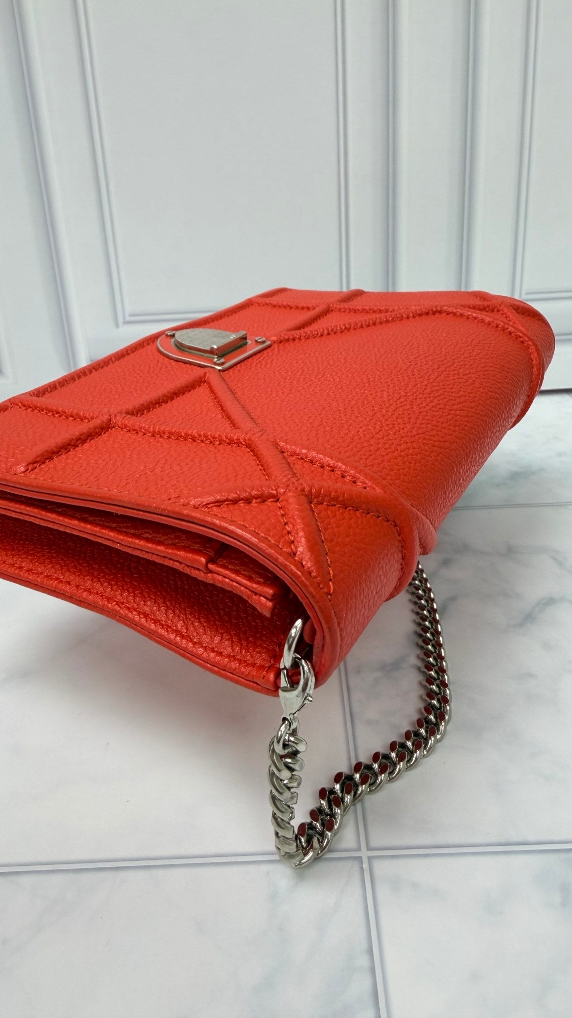Christian Dior Orange Grained Leather Wallet On A Chain