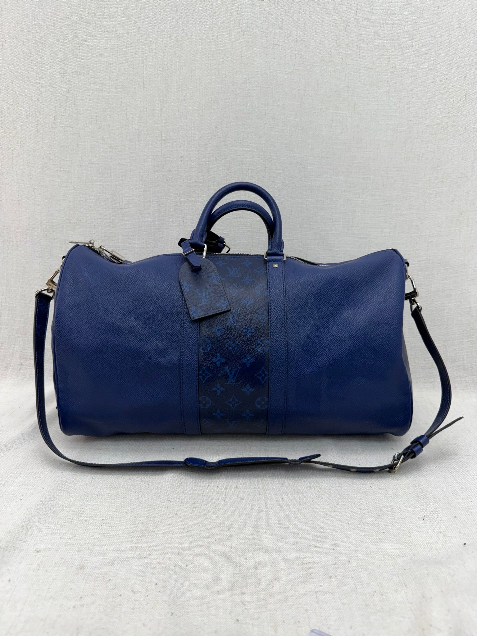 Louis Vuitton Cobalt Blue Monogram & Taiga Keepall Bandouliere 50