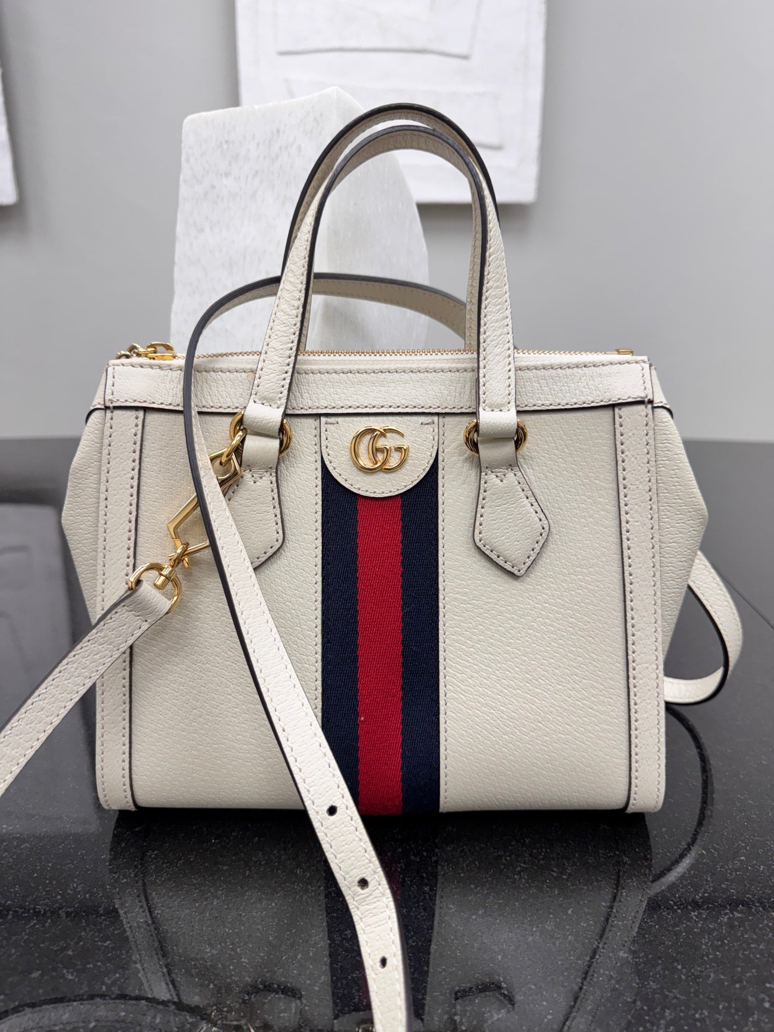 Gucci White Web Grained Leather Ophidia Small Crossbody Tote Bag
