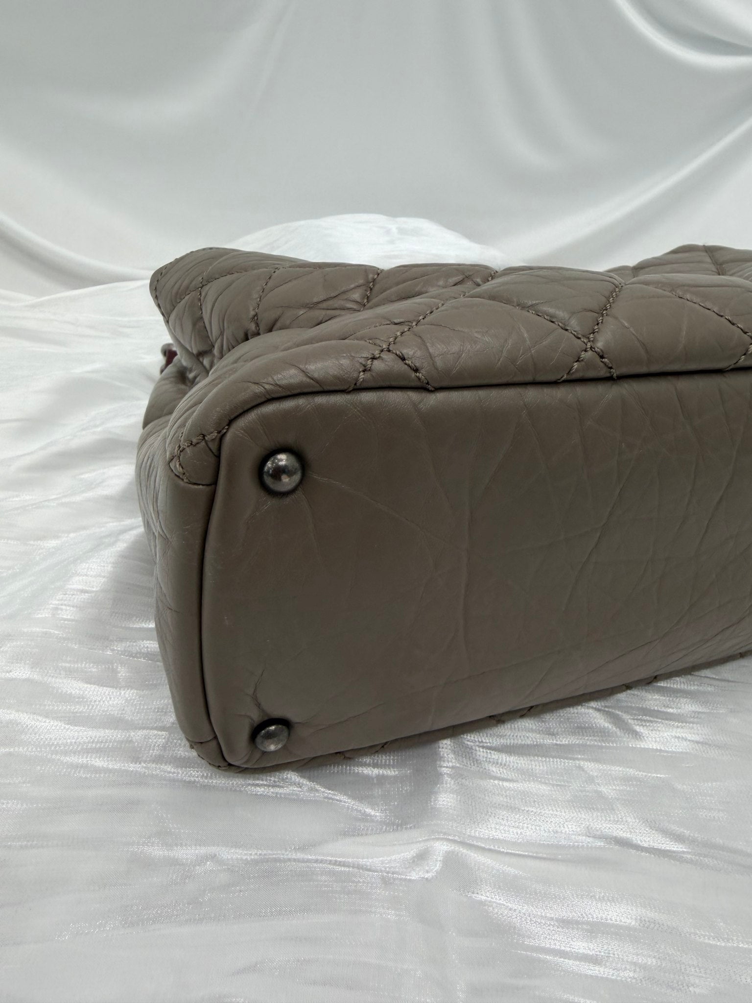 Chanel Dark Taupe Quilted Aged Calfskin & Tweed Large Portobello Top Handle Bag