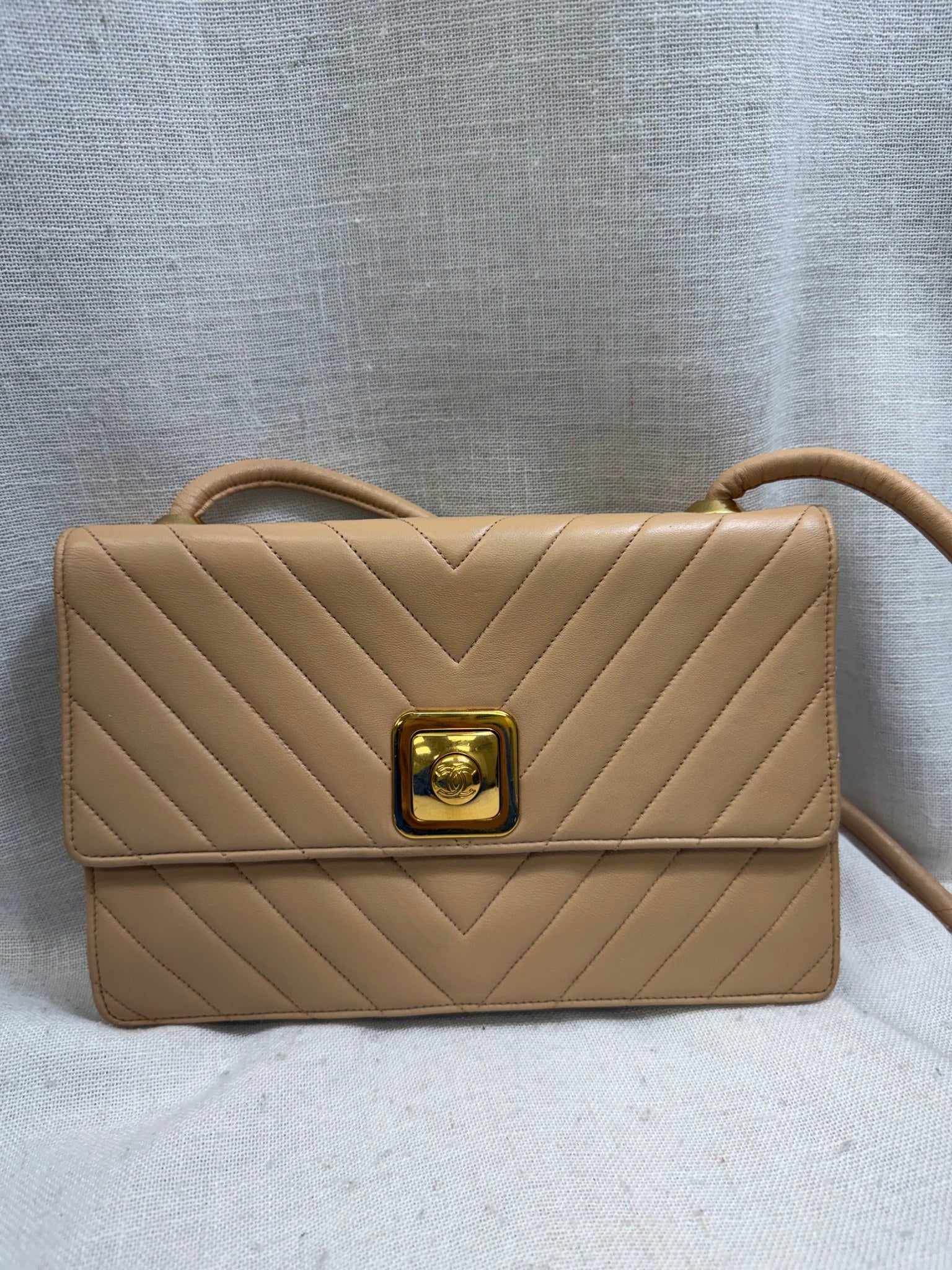 Chanel Beige Lambskin Chevron Crossbody Bag