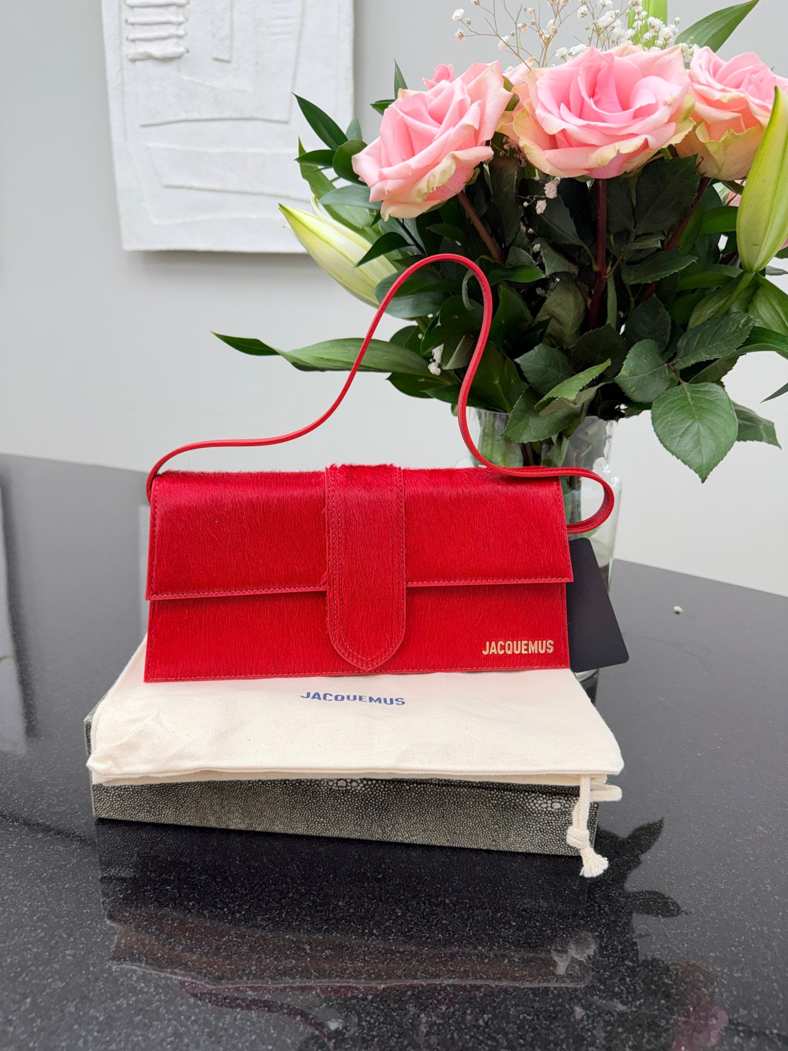 BRAND NEW - Jacquemus Red Pony Hair Le Bambino Long Shoulder Bag