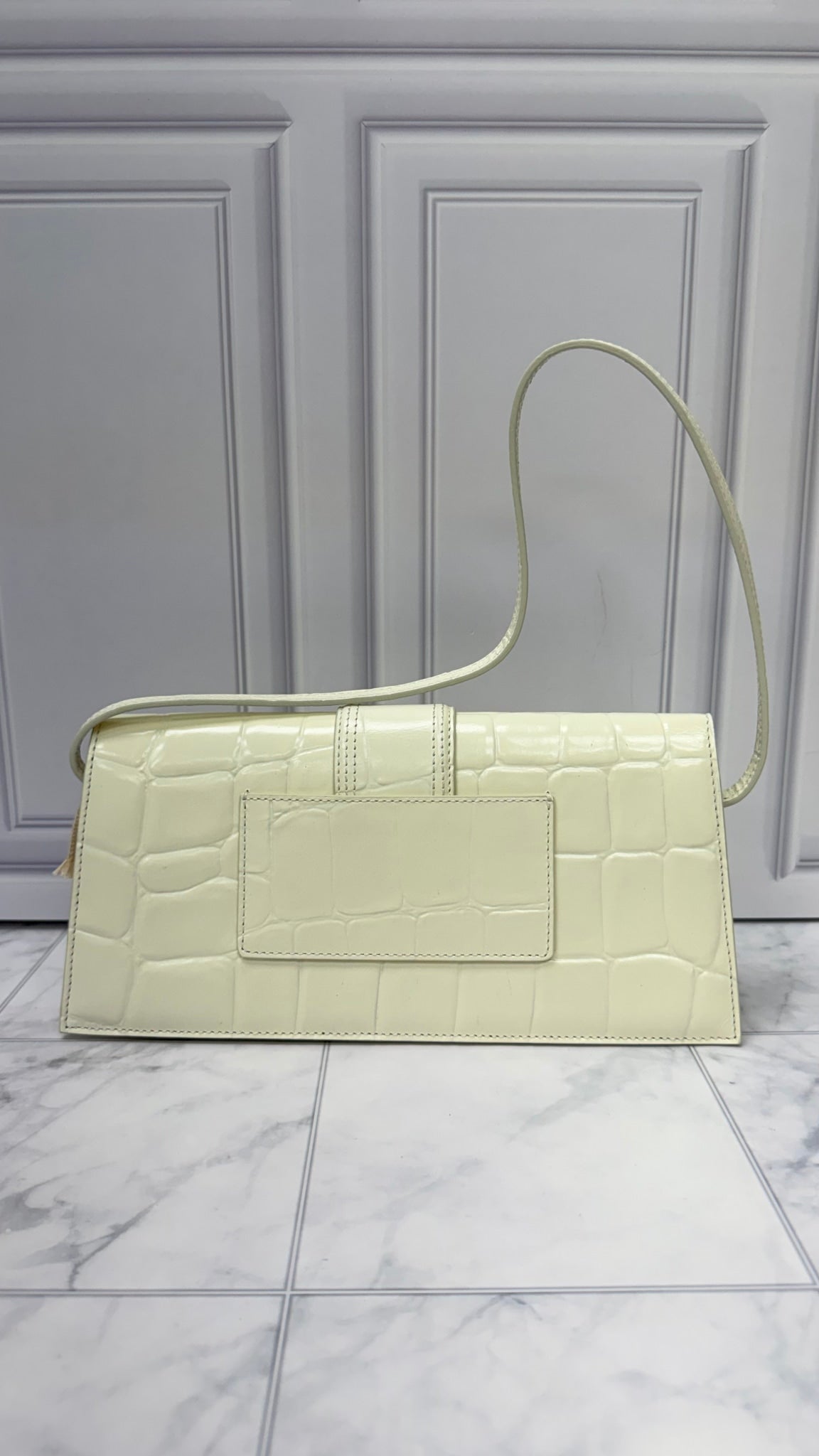 BRAND NEW - Jacquemus White Croc Embossed Leather Le Bambino Long Shoulder Bag