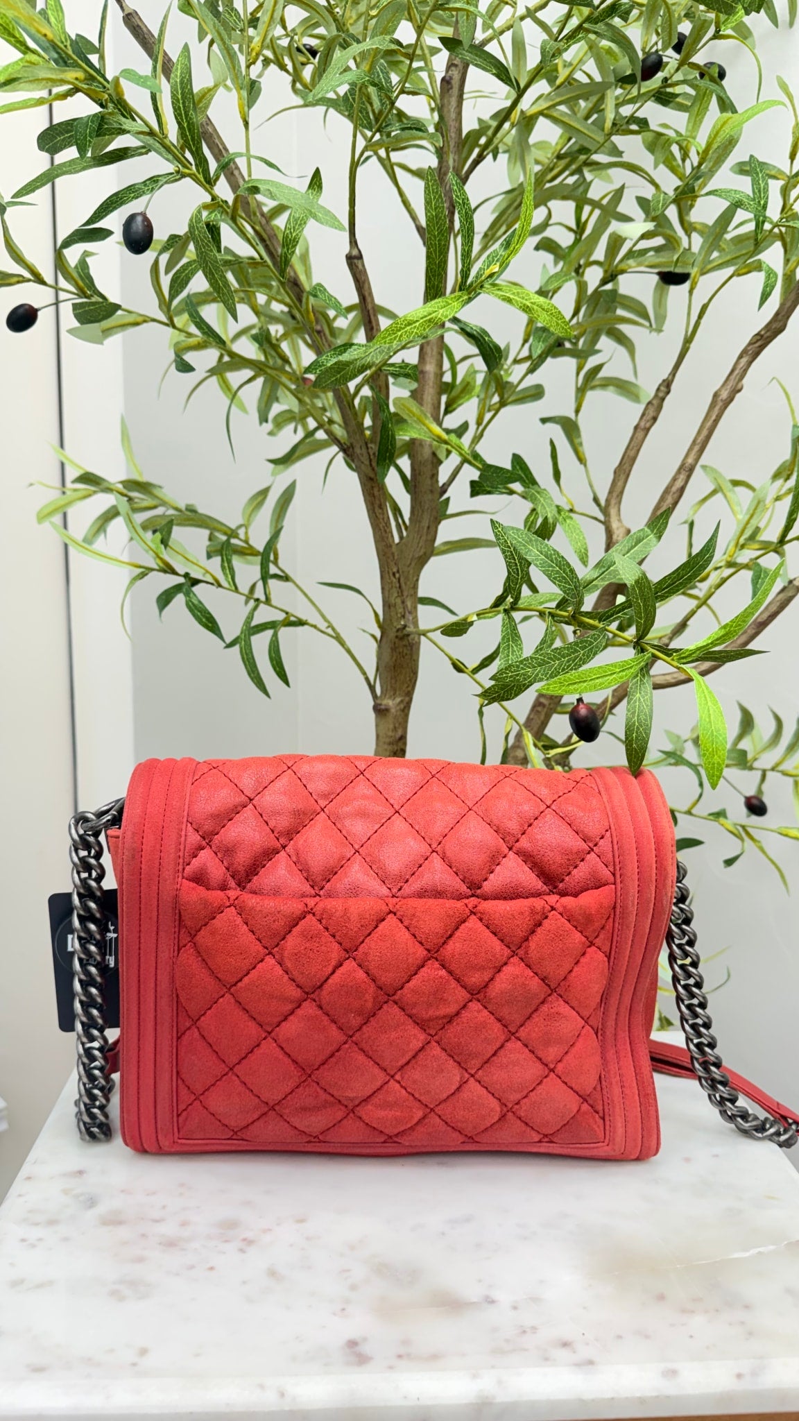 Chanel Red Quilted Suede Leather Medium Boy Flap Bag