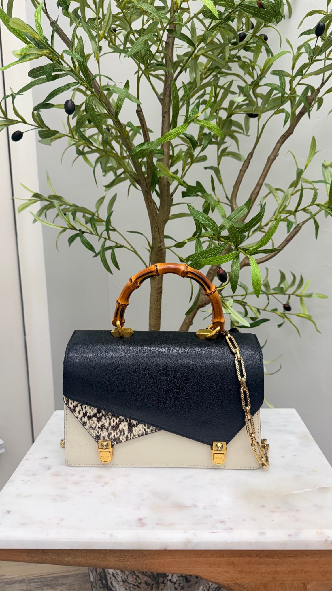 Gucci Black, Cream And Python Leather Ottilia Bamboo Top Handle