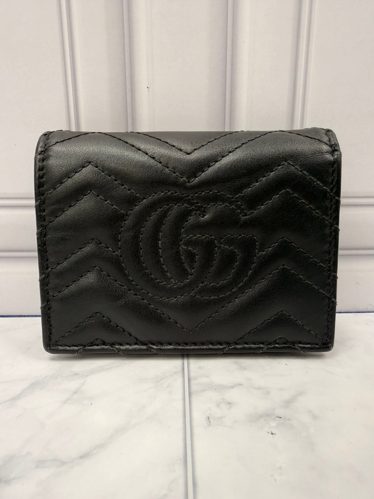 Gucci Black Chevron Leather GG Marmont Compact Wallet