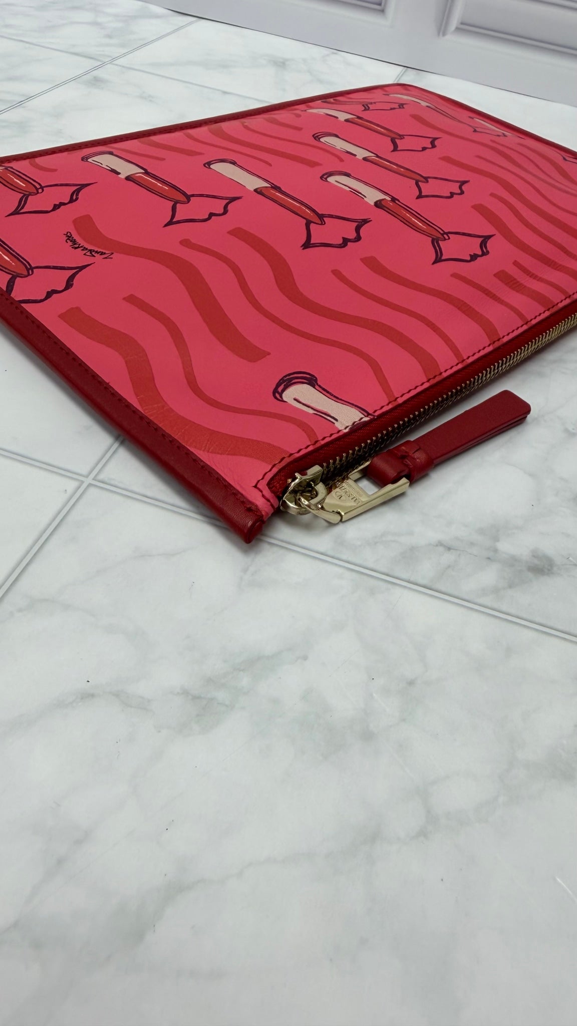 Valentino PINK Lipstick Printed Leather Pouch