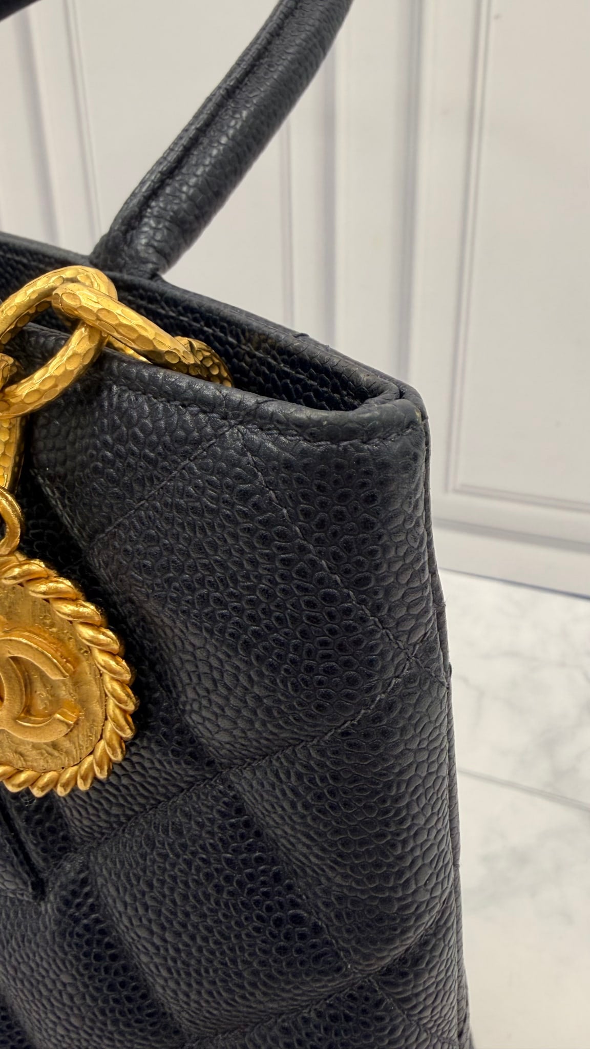 Chanel Navy Quilted Caviar Leather Medallion Tote Bag