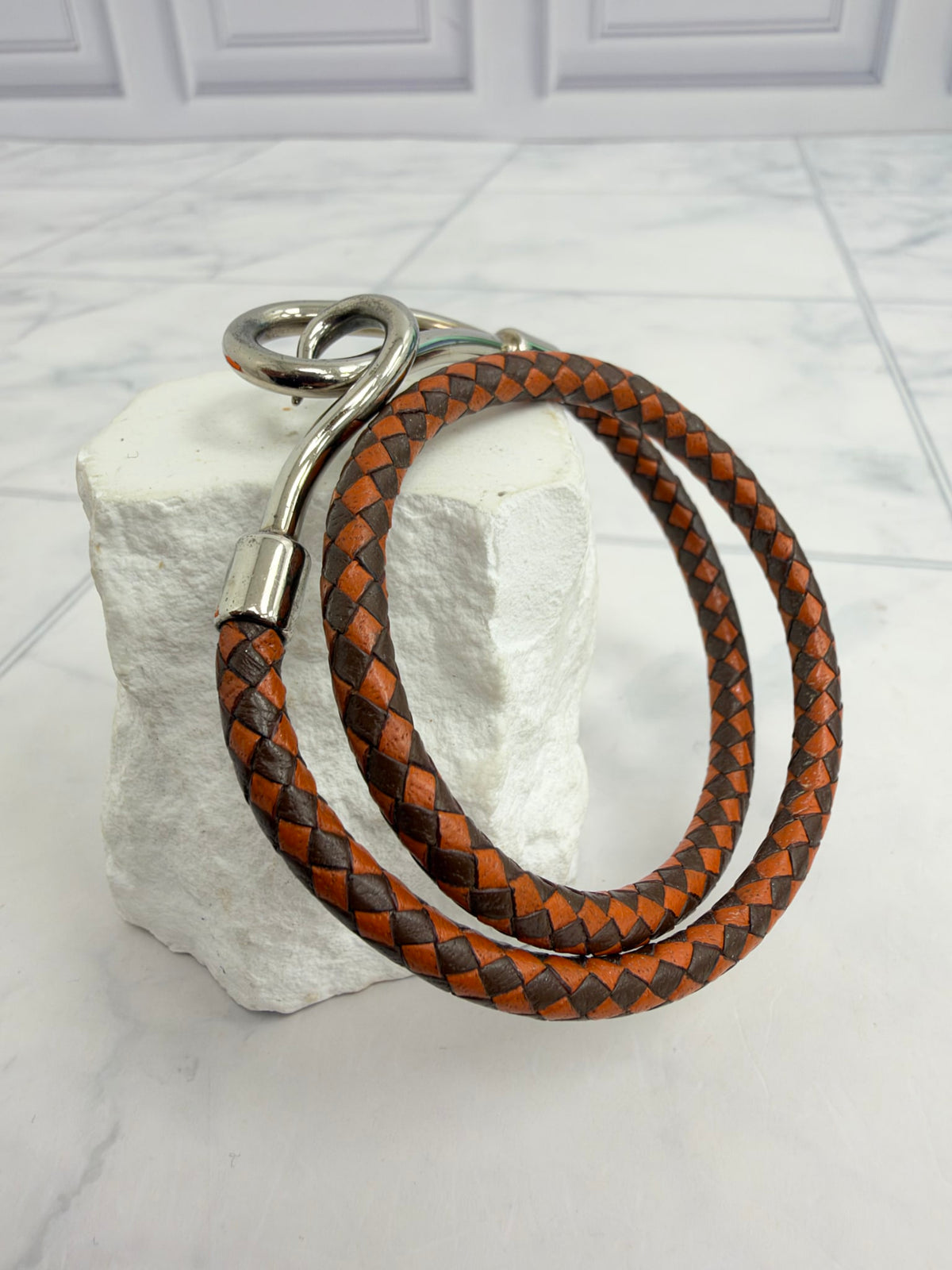 Hermes Orange & Brown Jumbo Braided Leather Double Tour Bracelet